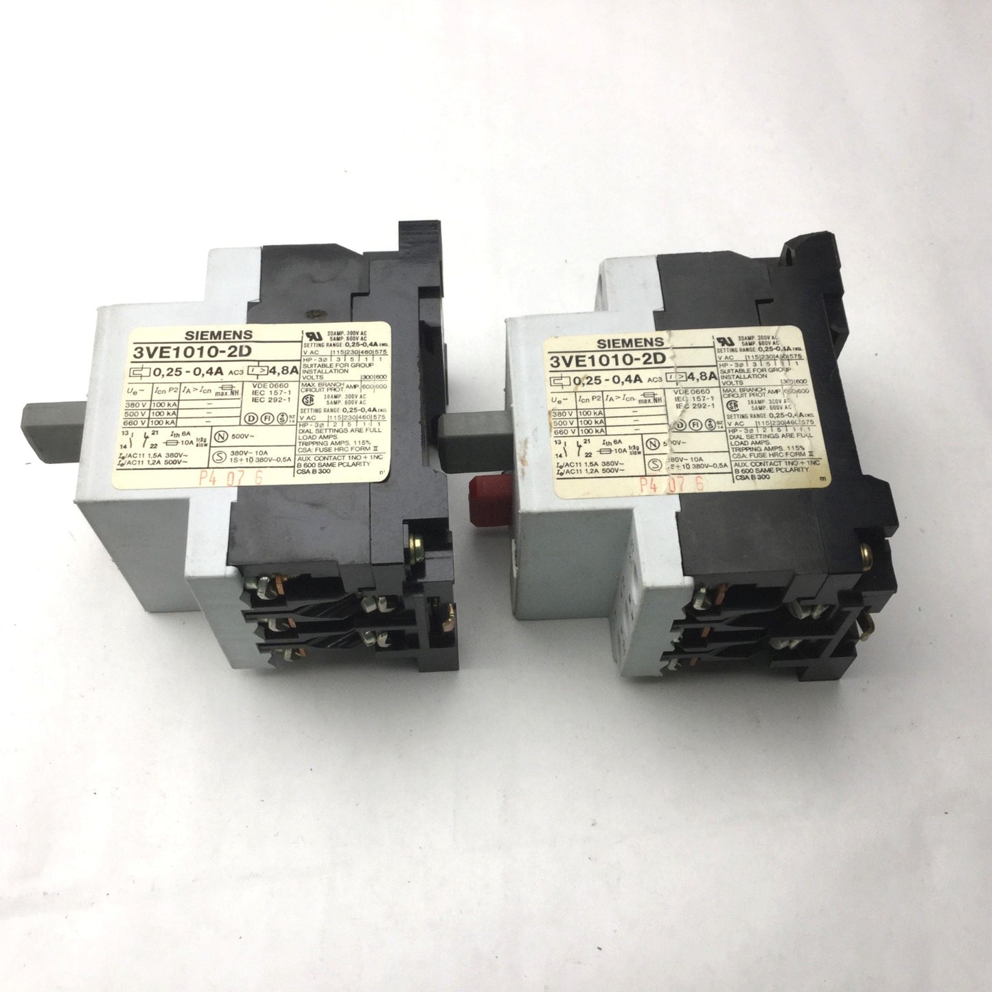 Used Lot of 2 Siemens 3VE1010-2D Motor Starter Protector Circuit Breaker, 0.25-0.4A