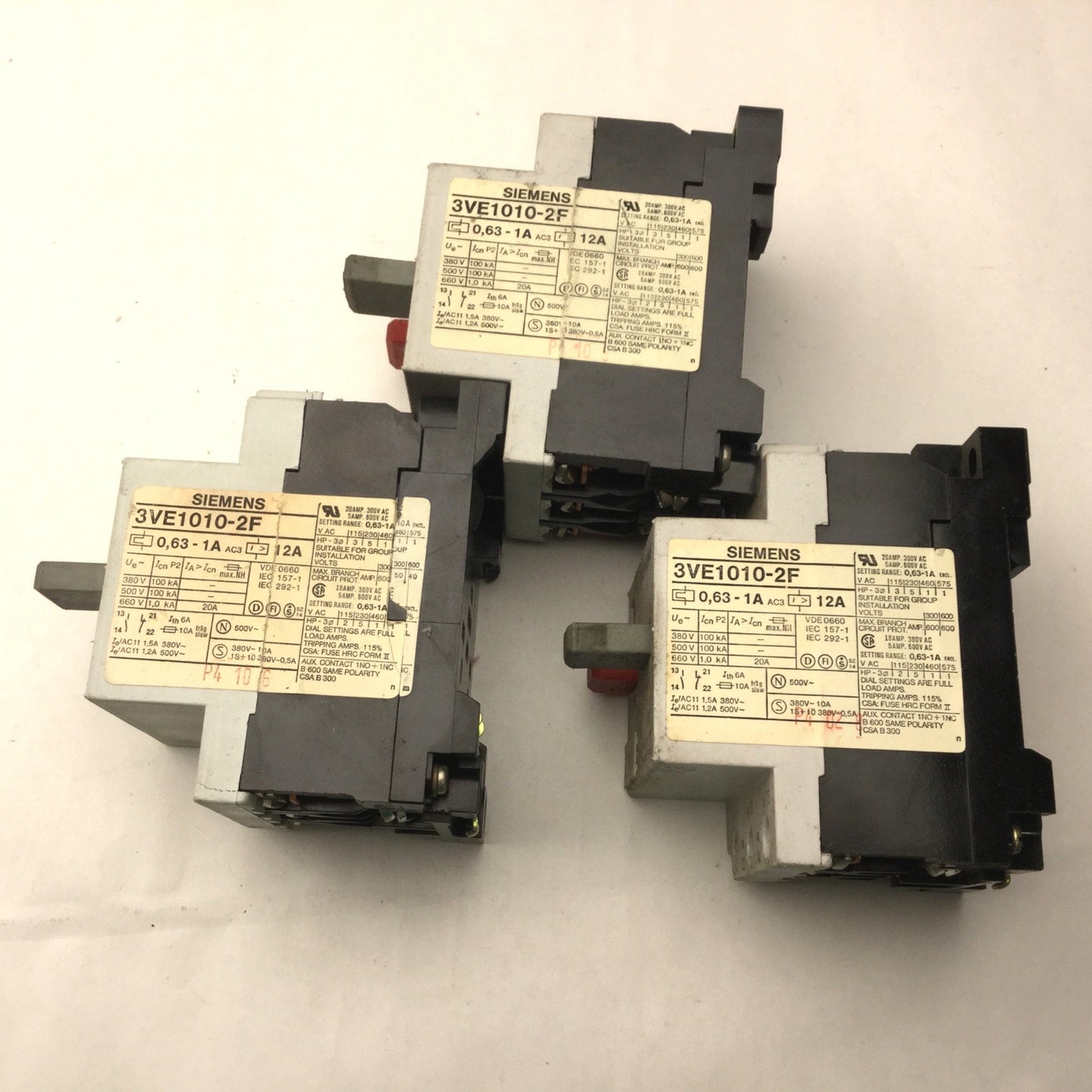 Used Lot of 3 Siemens 3VE1010-2F Motor Starter Protector Circuit Breaker, 0.63-1A