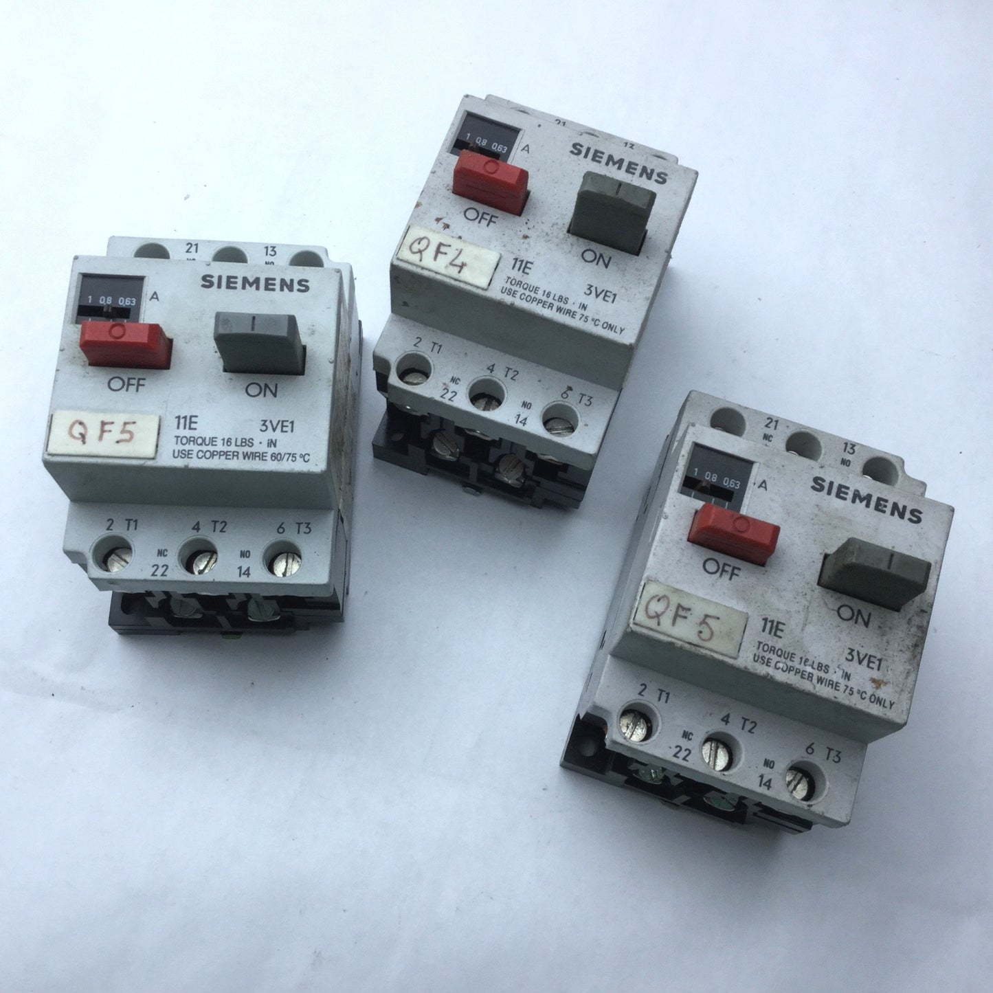 Used Lot of 3 Siemens 3VE1010-2F Motor Starter Protector Circuit Breaker, 0.63-1A