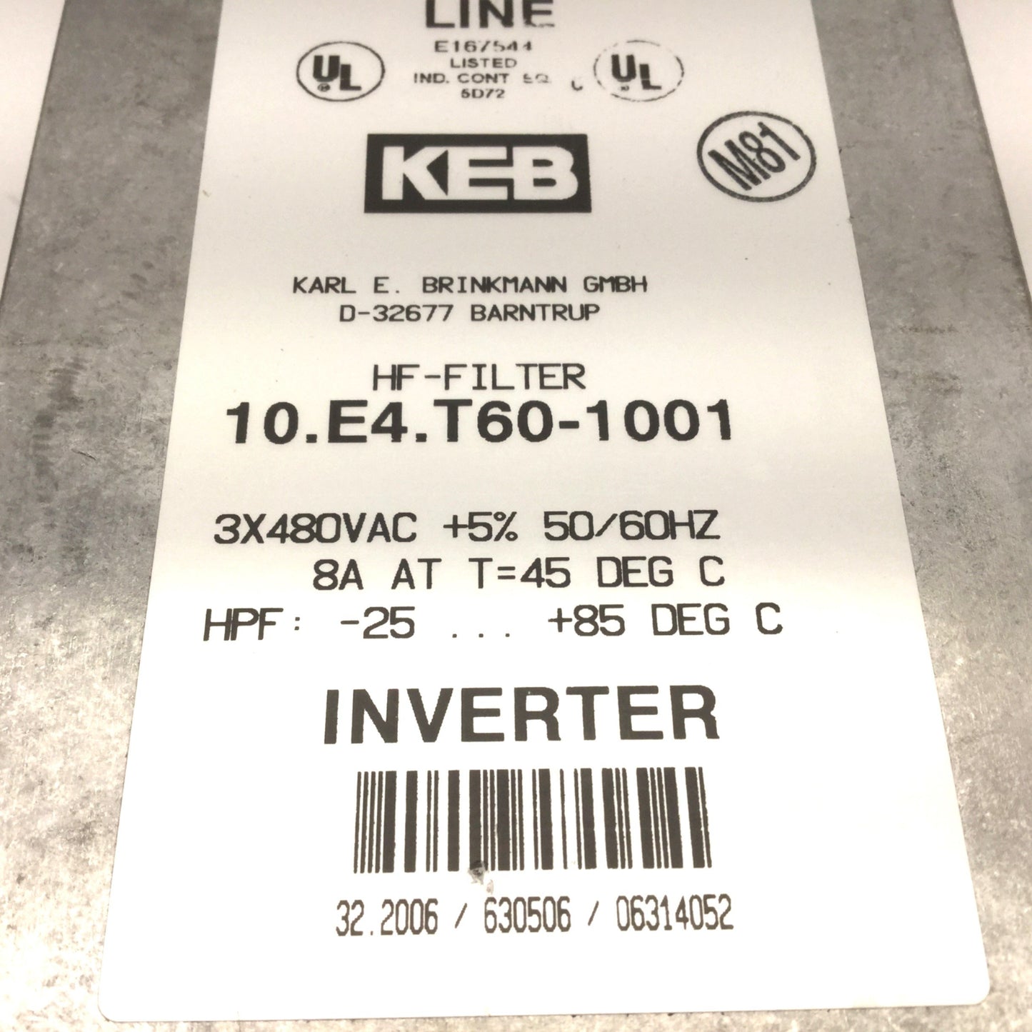 New KEB 10.E4.T60-1001 COMBILINE High Frequency Filter Kit 3-Phase, 480VAC, 8A