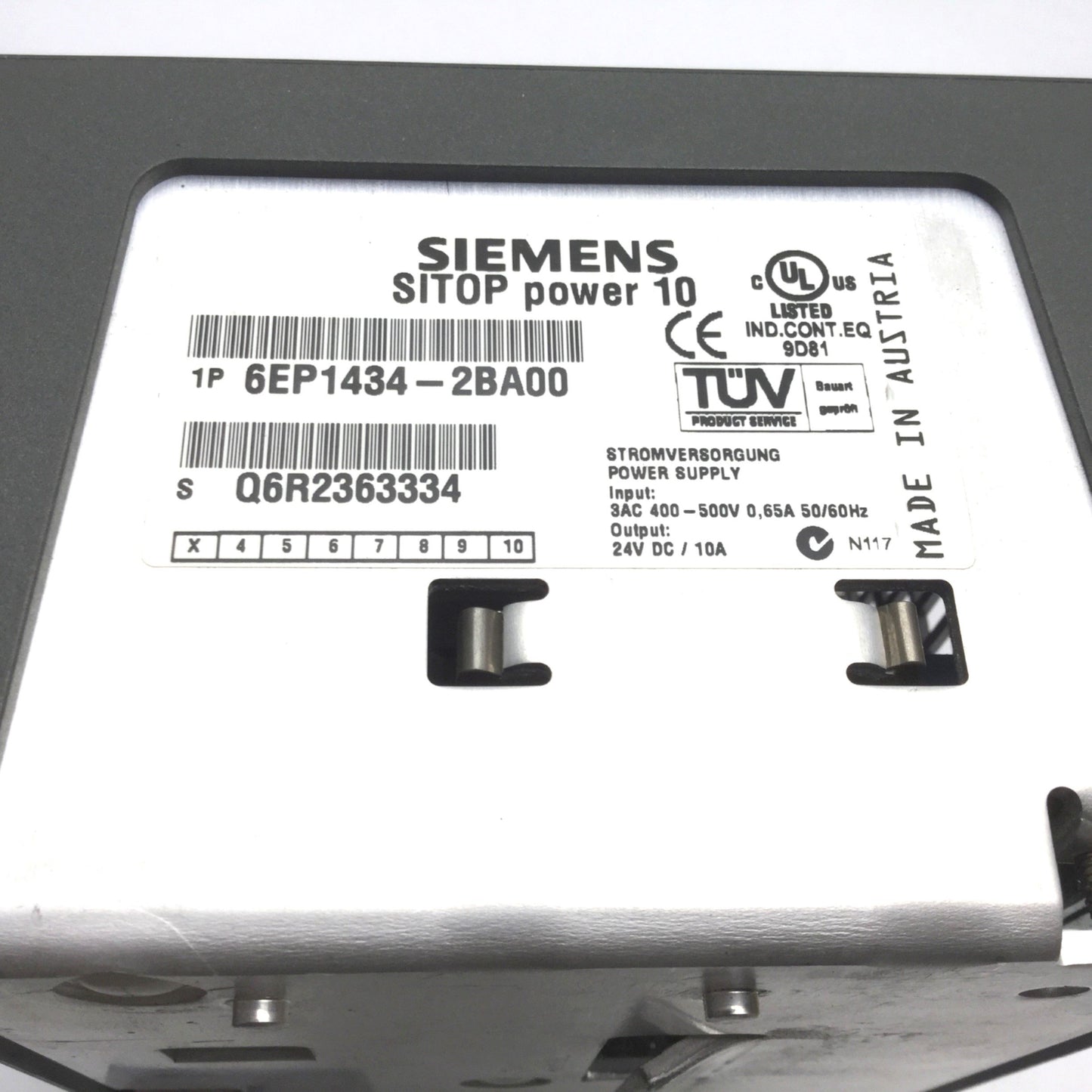 Used Siemens 6EP1434-2BA00 SITOP Power Supply, In: 400-500VAC 0.65A, Out: 24VDC 10A