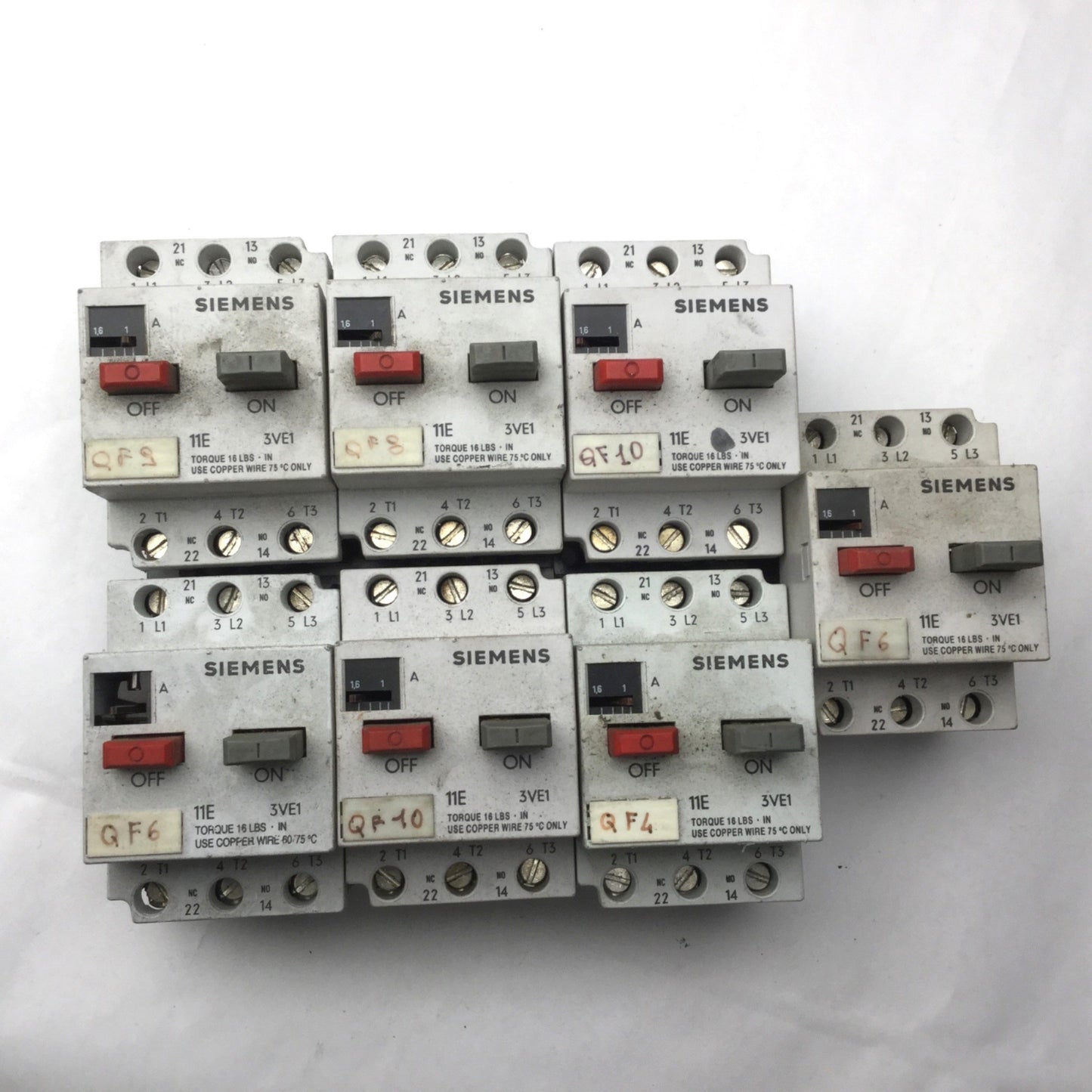 Used Lot of 7 Siemens 3VE1010-2F Motor Starter Protector Circuit Breaker, 1-1.6A