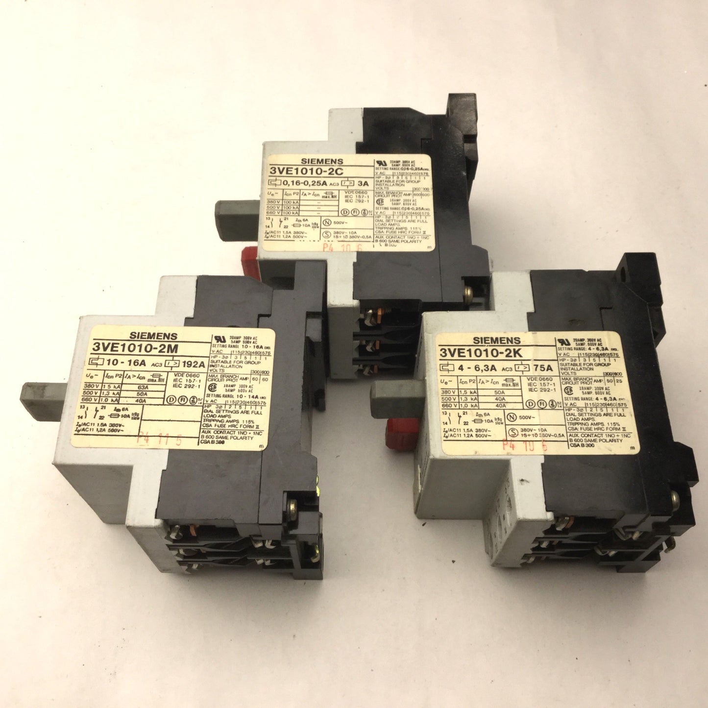 Used Lot of 3 Siemens Protector Circuit Breakers, 3VE1010-2F, 3VE1010-2, 3VE1010-2C