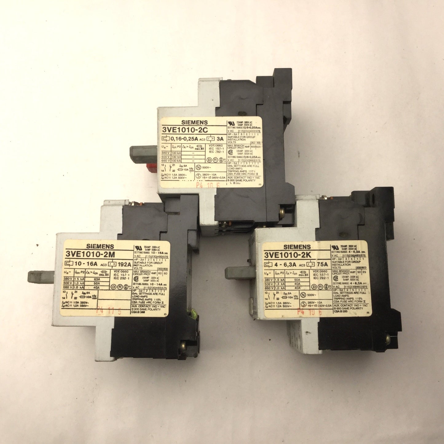 Used Lot of 3 Siemens Protector Circuit Breakers, 3VE1010-2F, 3VE1010-2, 3VE1010-2C