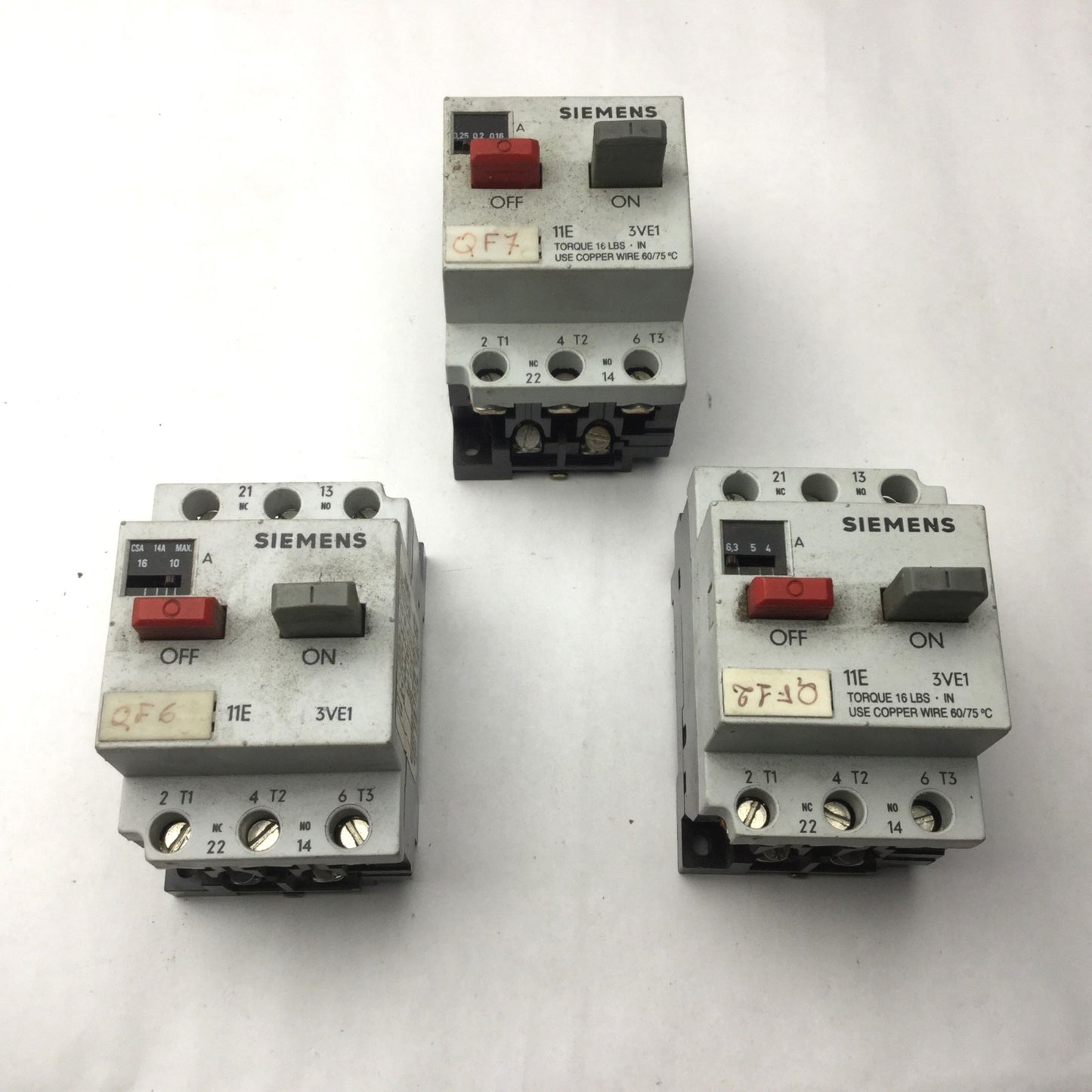 Used Lot of 3 Siemens Protector Circuit Breakers, 3VE1010-2F, 3VE1010-2, 3VE1010-2C