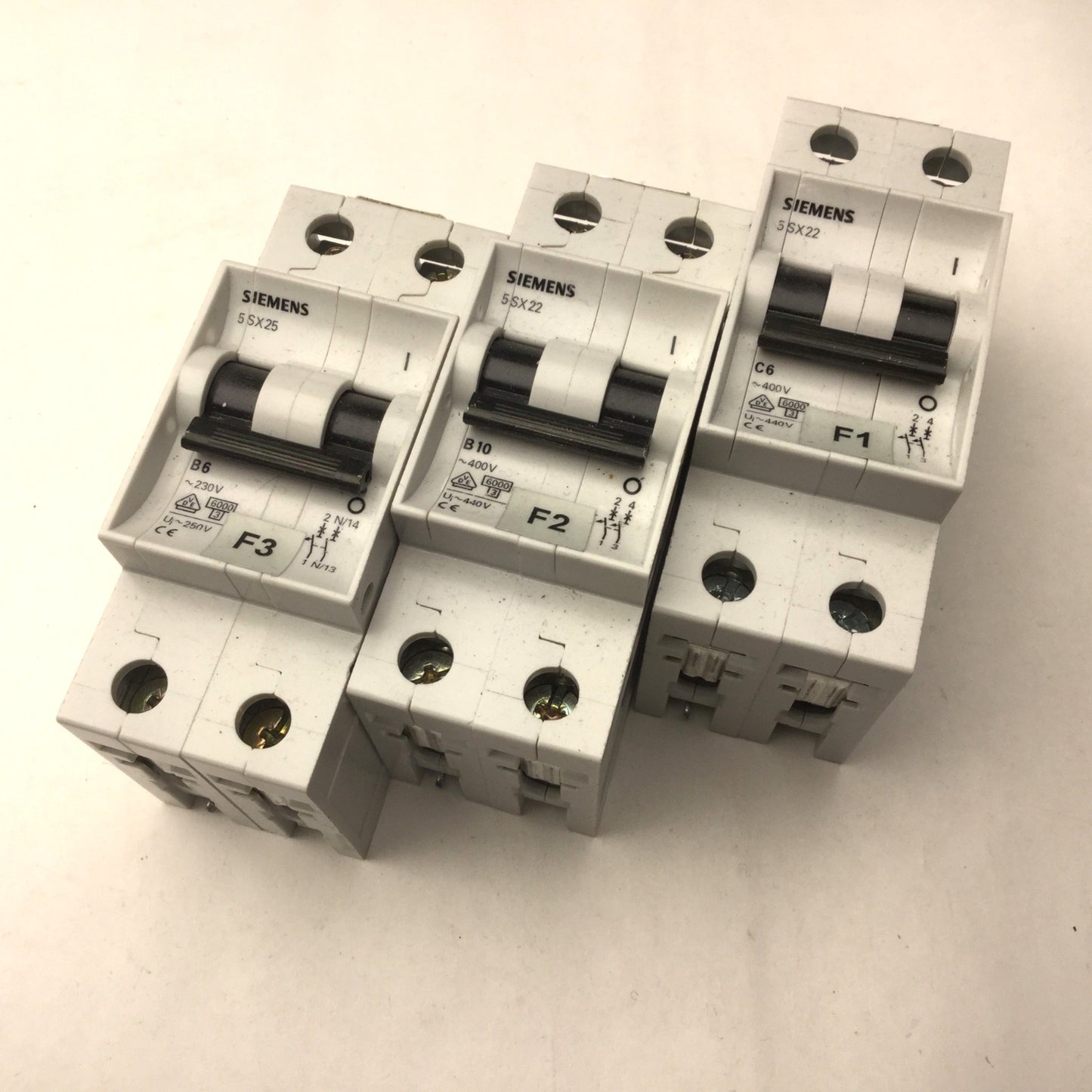 Used Lot of 3 Siemens Circuit Breakers, 2 Pole, S5X22 C6, 5SX22 B10, S5X25 B6
