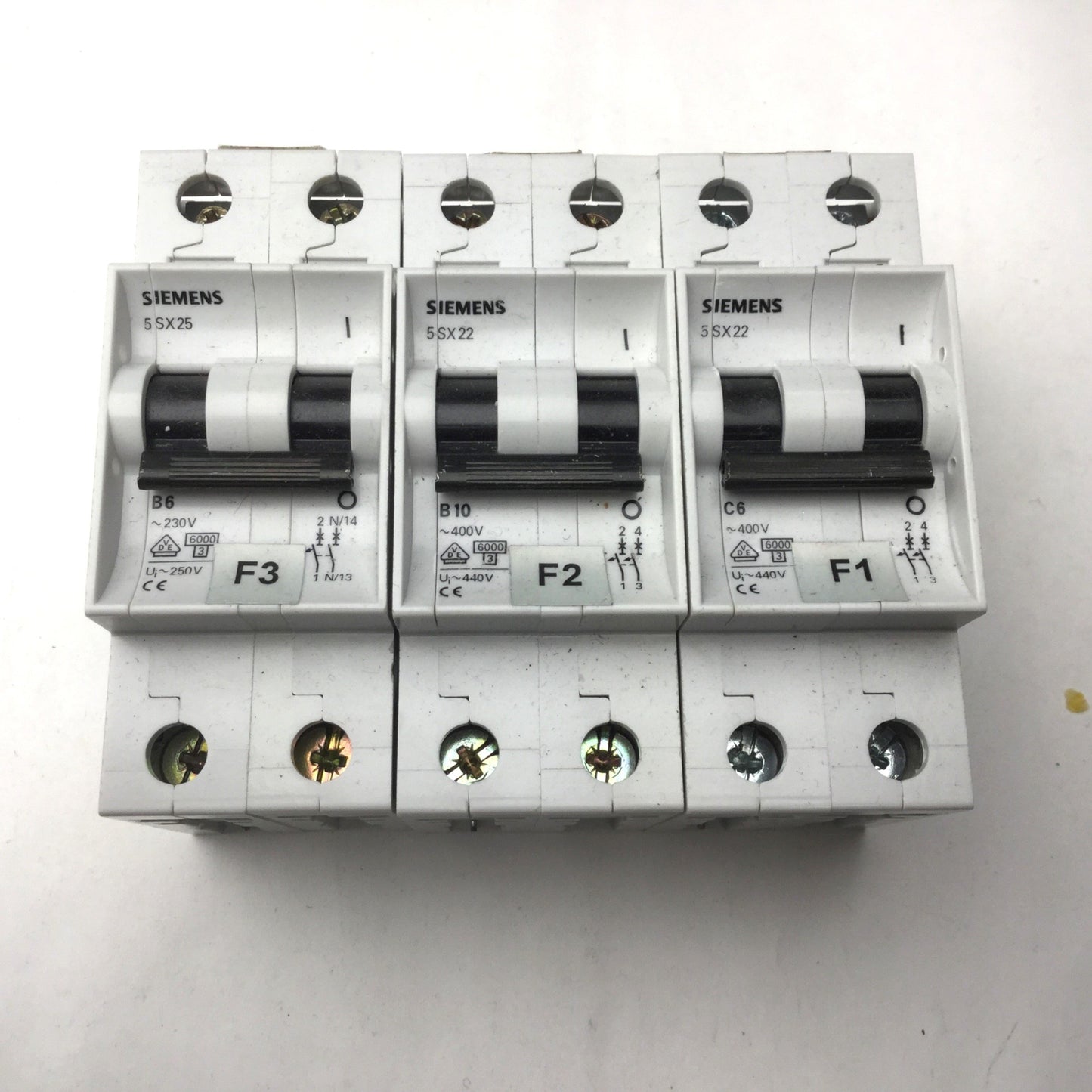 Used Lot of 3 Siemens Circuit Breakers, 2 Pole, S5X22 C6, 5SX22 B10, S5X25 B6