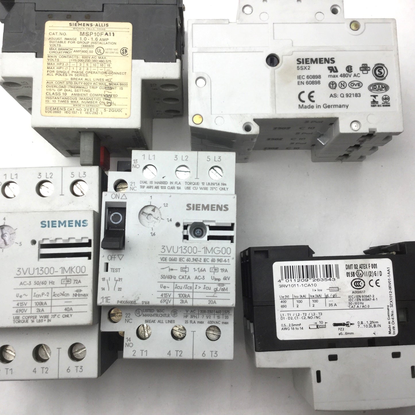 Used Lot of 5 Siemens Circuit Breakers, 3 Poles, Din Rail Mount, Varying Amperages