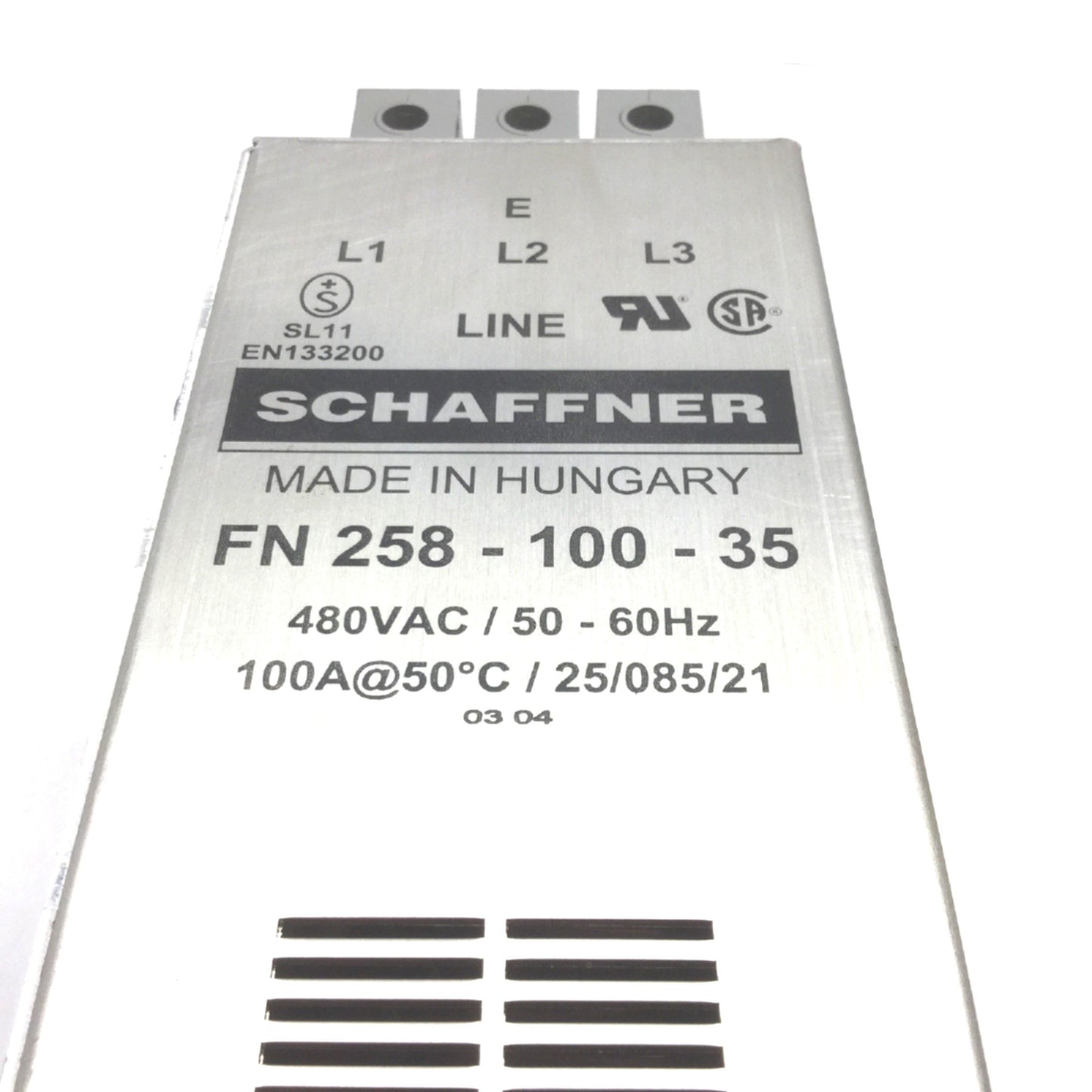Used Schaffner FN258-100-35 EMC / RFI Power Line Filter, Rating: 480VAC 50-60Hz 100A