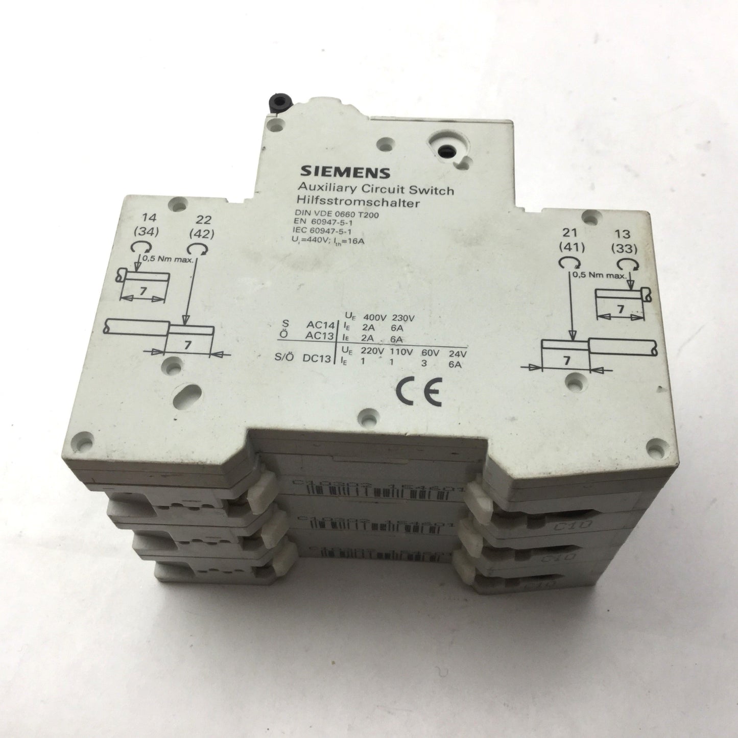 Used Siemens 5SY43MCB C10 Circuit Breaker 3 Pole w/5ST3010AS Auxiliary Circuit Switch