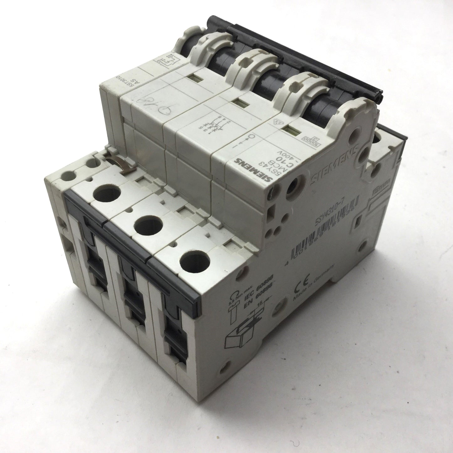 Used Siemens 5SY43MCB C10 Circuit Breaker 3 Pole w/5ST3010AS Auxiliary Circuit Switch