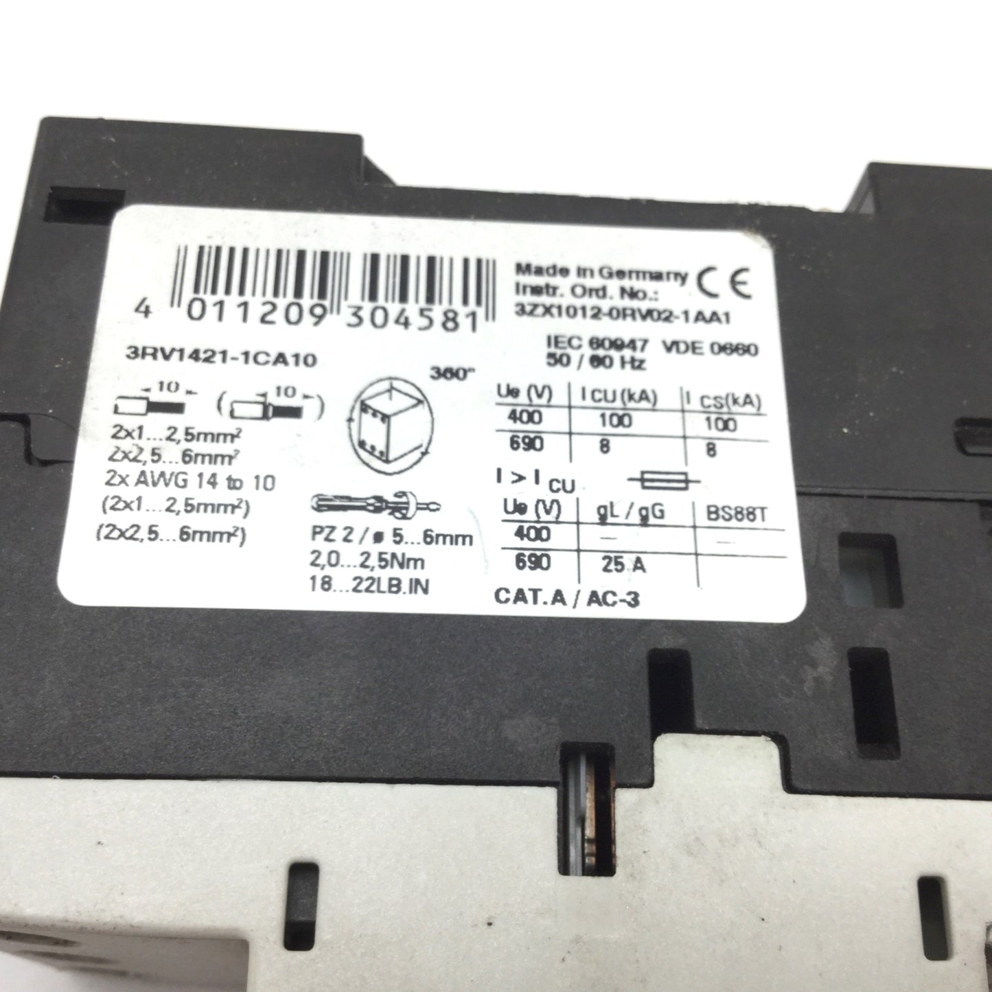 Used Siemens 3RV1421-1CA10 Motor Protection Circuit Breaker, 3-Pole, 1.8-2.5A 690V