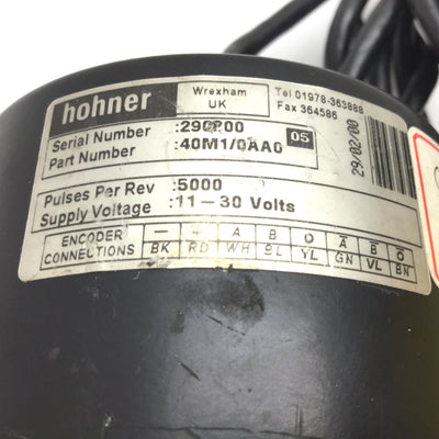Used Hohner 40M1/0AA0 Encoder, Resolution 5000 Pulses/Rev, Supply 11-30V, 12mm Shaft