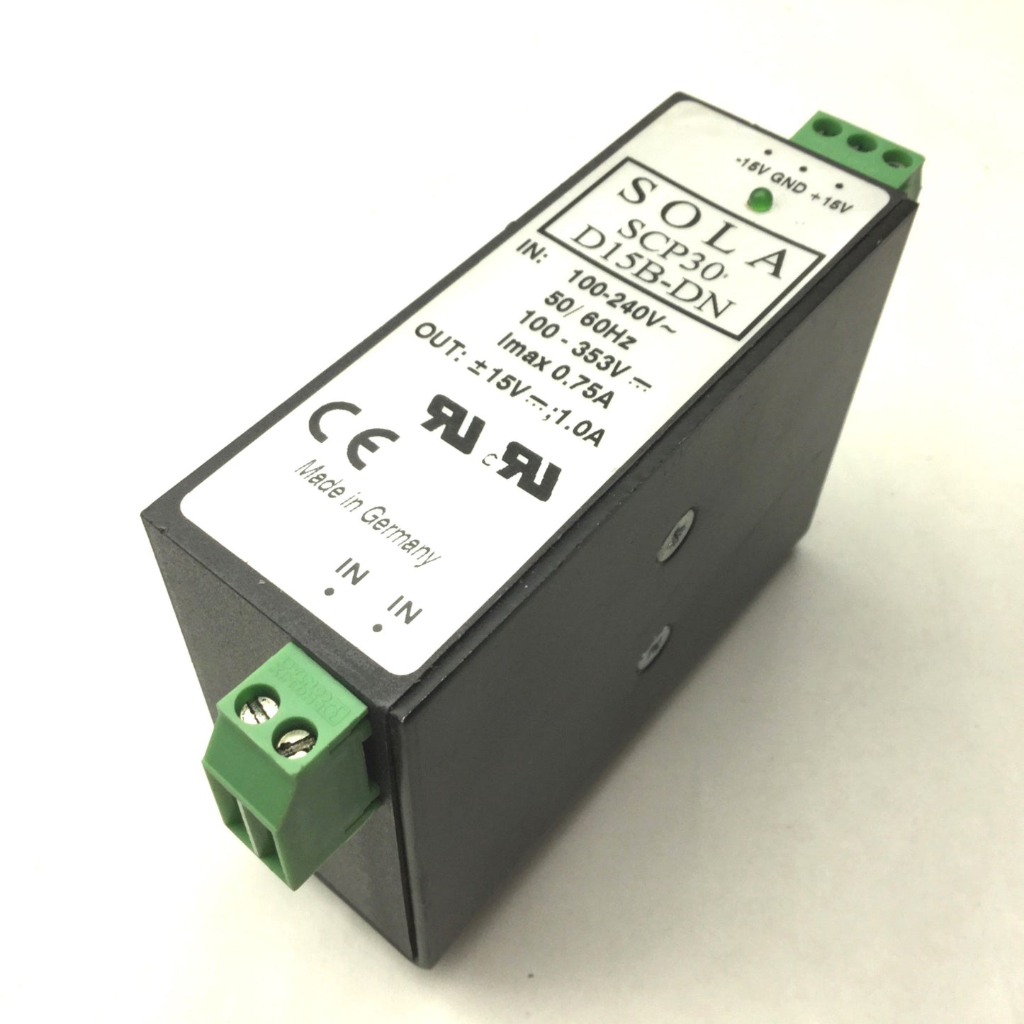 Used Sola SCP30 D15B-DN Din Rail Power Supply, Input: 100-240VAC, Output: 15VDC 1A