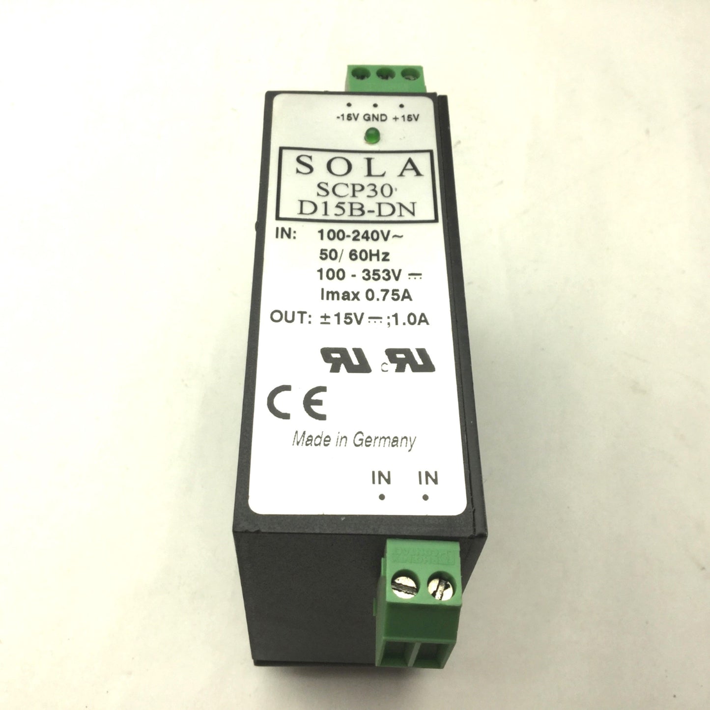 Used Sola SCP30 D15B-DN Din Rail Power Supply, Input: 100-240VAC, Output: 15VDC 1A