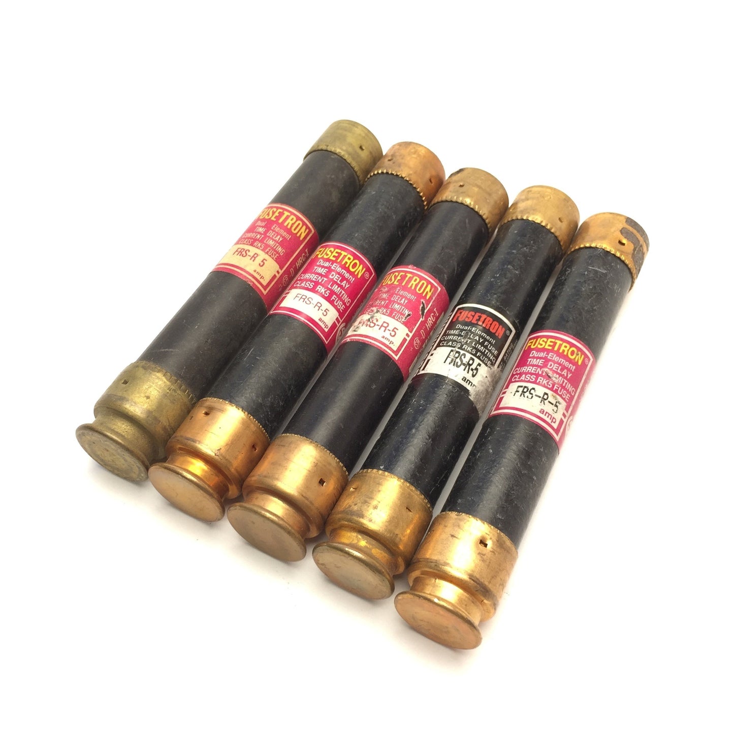 Used Lot of 5 Bussmann FRS-R-5 Fusetron Dual-Element Time Delay Fuse, RK5, 5A 600VAC