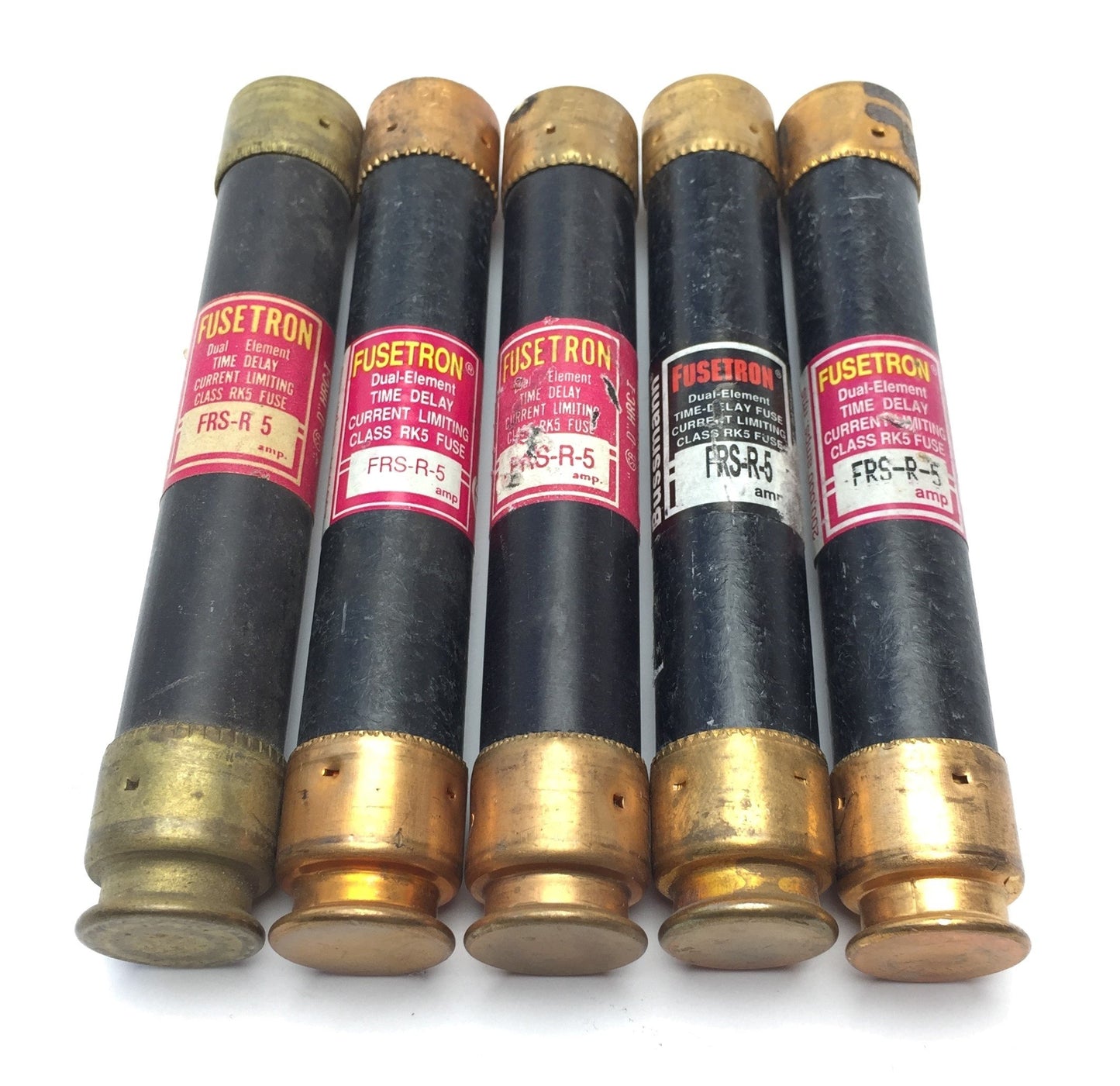 Used Lot of 5 Bussmann FRS-R-5 Fusetron Dual-Element Time Delay Fuse, RK5, 5A 600VAC