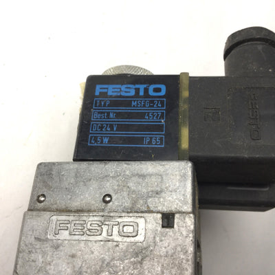 Used Bank of 2 Festo MFH-3-1/8 Pneumatic Solenoid Valve 2-Pos 3-Way Ports: G1/8 DC24V