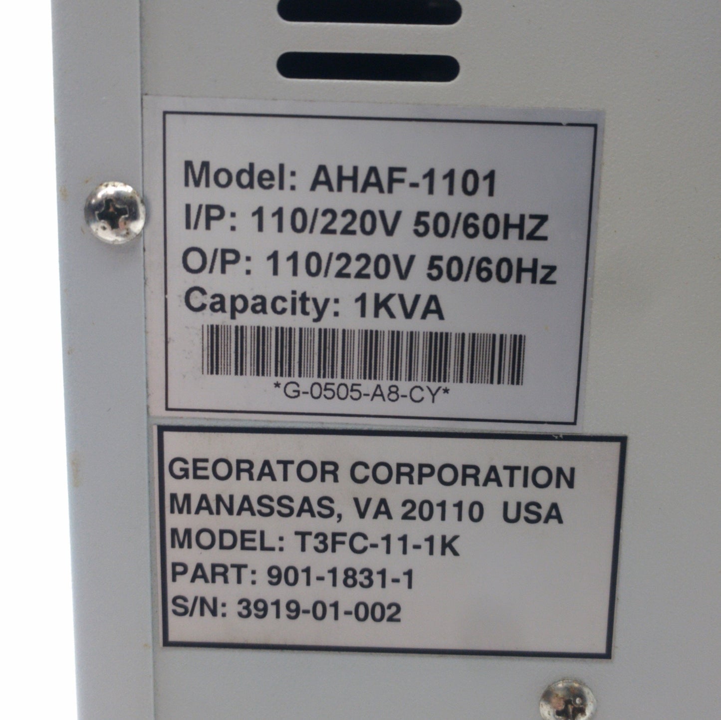 Used Georator T3FC-11-1K Frequency Converter Out: 90-130/190-250VAC 50 or 60Hz 1KVA
