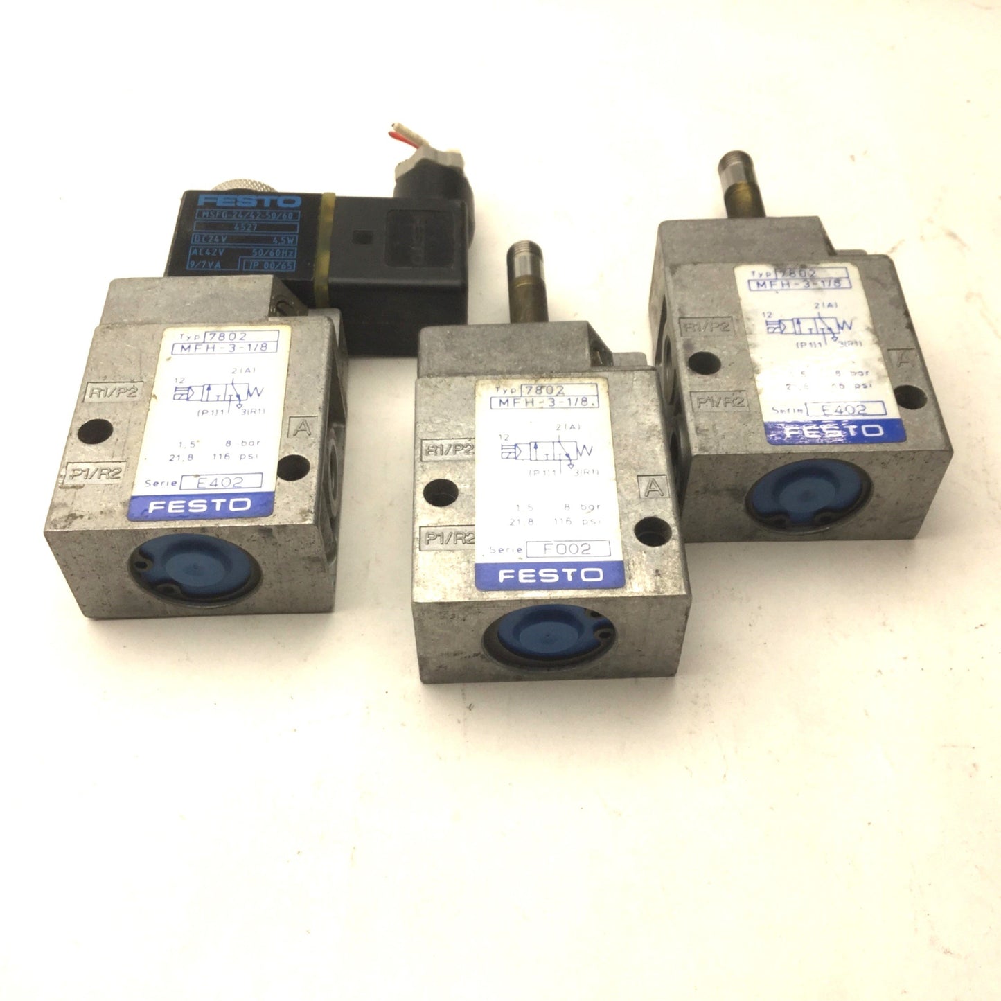Used Lot of 3 Festo MFH-3-1/8 Solenoid Valve, 2-Pos 3-Way, Ports: G1/8, 21.8-116 PSI