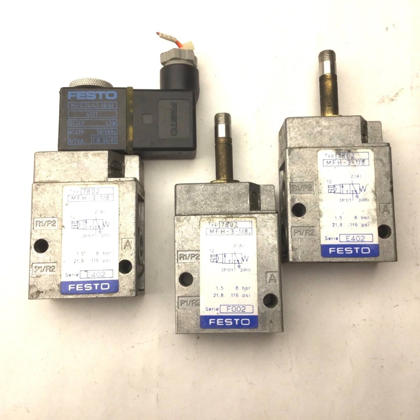 Used Lot of 3 Festo MFH-3-1/8 Solenoid Valve, 2-Pos 3-Way, Ports: G1/8, 21.8-116 PSI