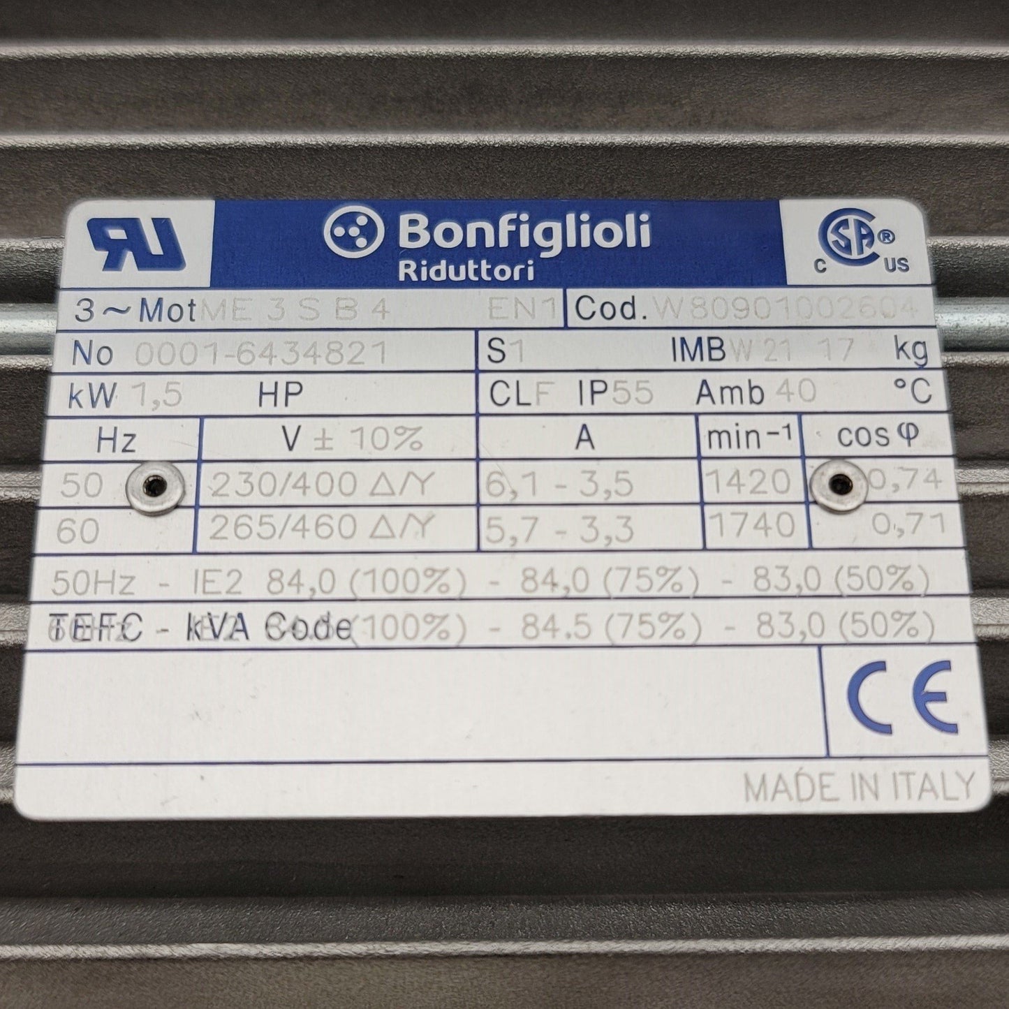 New – Open box Bonfiglioli Gearmotor ME 3SB 4 230/400-50 & C 21 2 P 4.8 S3 B6 AN, 4.8:1, 1.5Kw