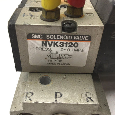 Used Bank of 3 SMC NVK3120 Solenoid Valves 2-Position 5-Way, 24VDC, Pressure: 0.7MPa