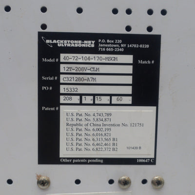Used Blackstone-NEY multiSonic Ultrasonic Generator, 40/72/104/170kHz, 208VAC 15A