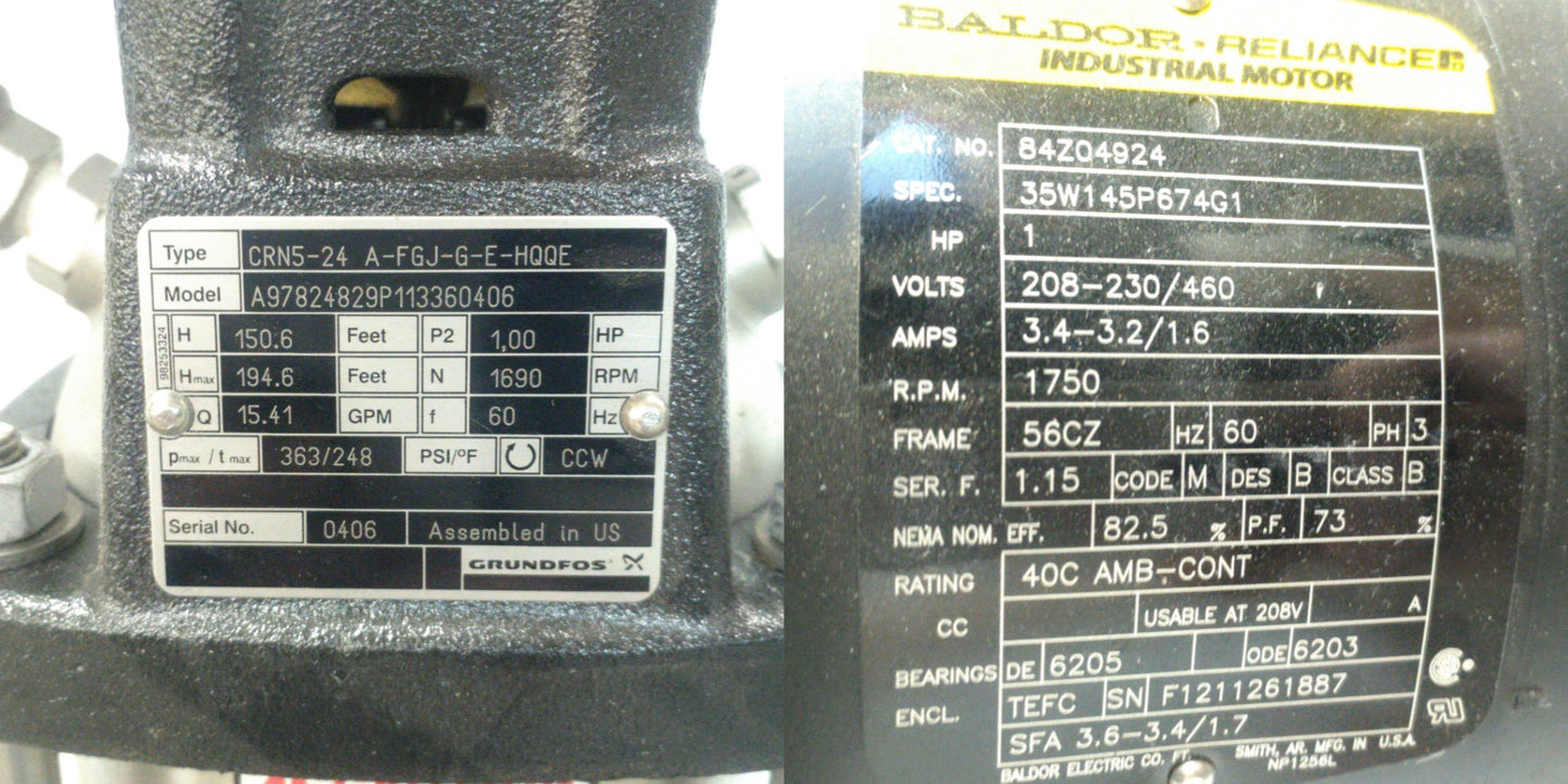 Used Grundfos CRN5-24 A-FGJ-G-E-HQQE Centrifugal Pump 1HP 1690RPM 15.41GPM 230/460VAC