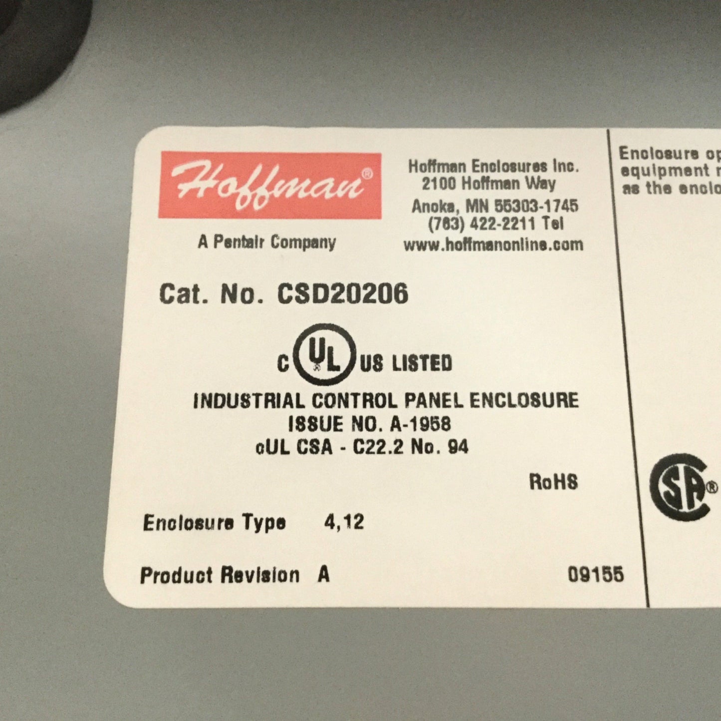 Used Hoffman CSD20206 Electrical Enclosure, Dimensions: 20" x 20" x 6", *Holes*