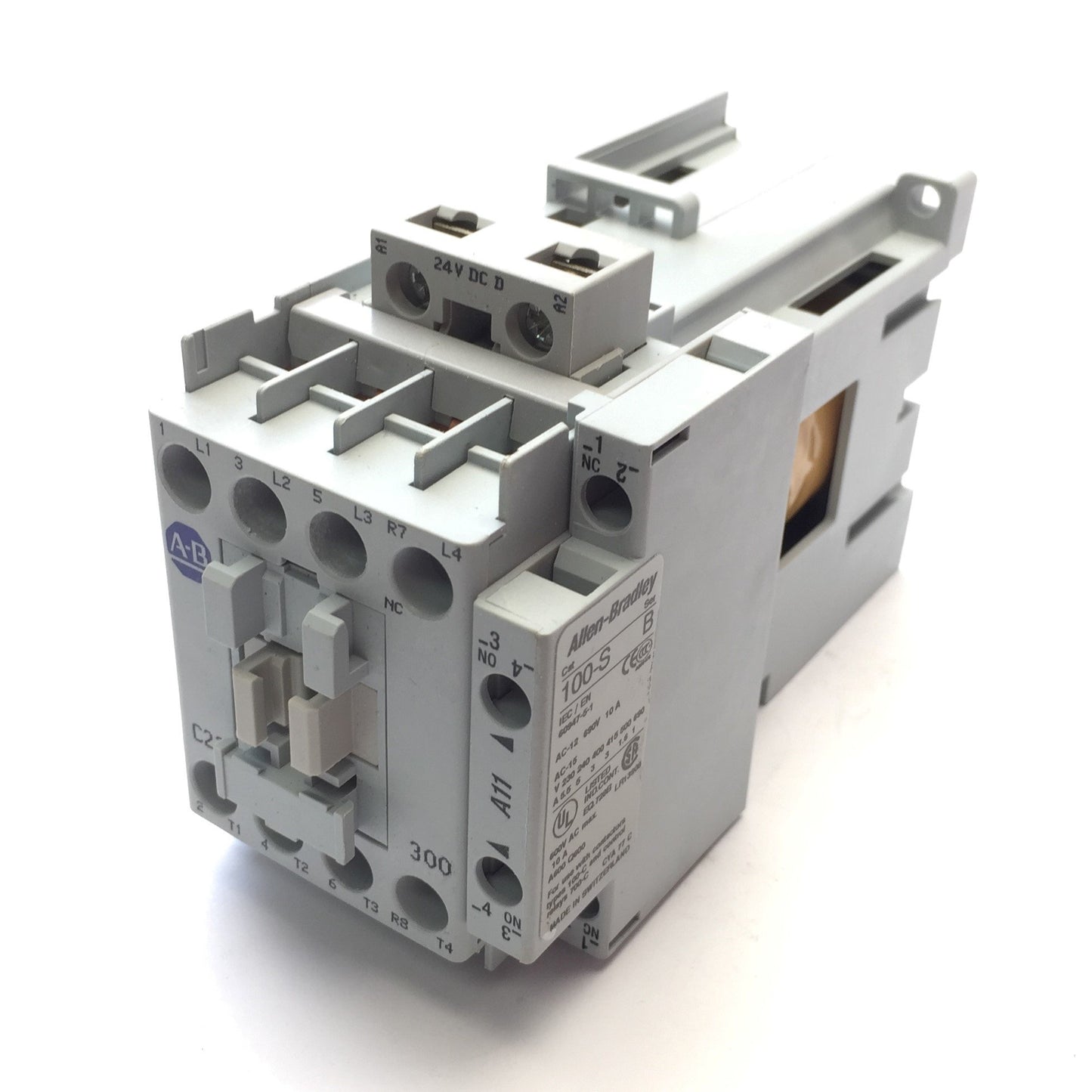 Used Allen Bradley 100-C23DJ300 Contactor, 4-Pole, 3-NO 1-NC, 600VAC 30A, 24VDC Coil