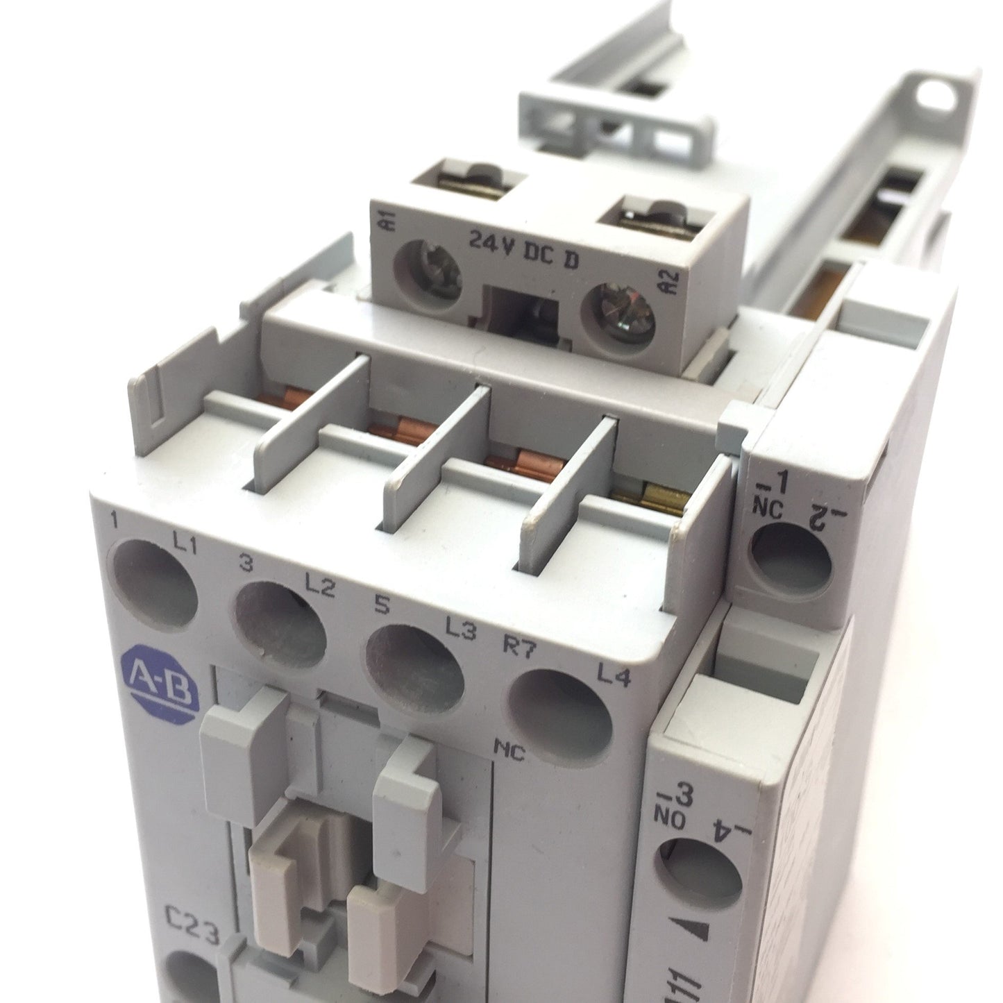 Used Allen Bradley 100-C23DJ300 Contactor, 4-Pole, 3-NO 1-NC, 600VAC 30A, 24VDC Coil