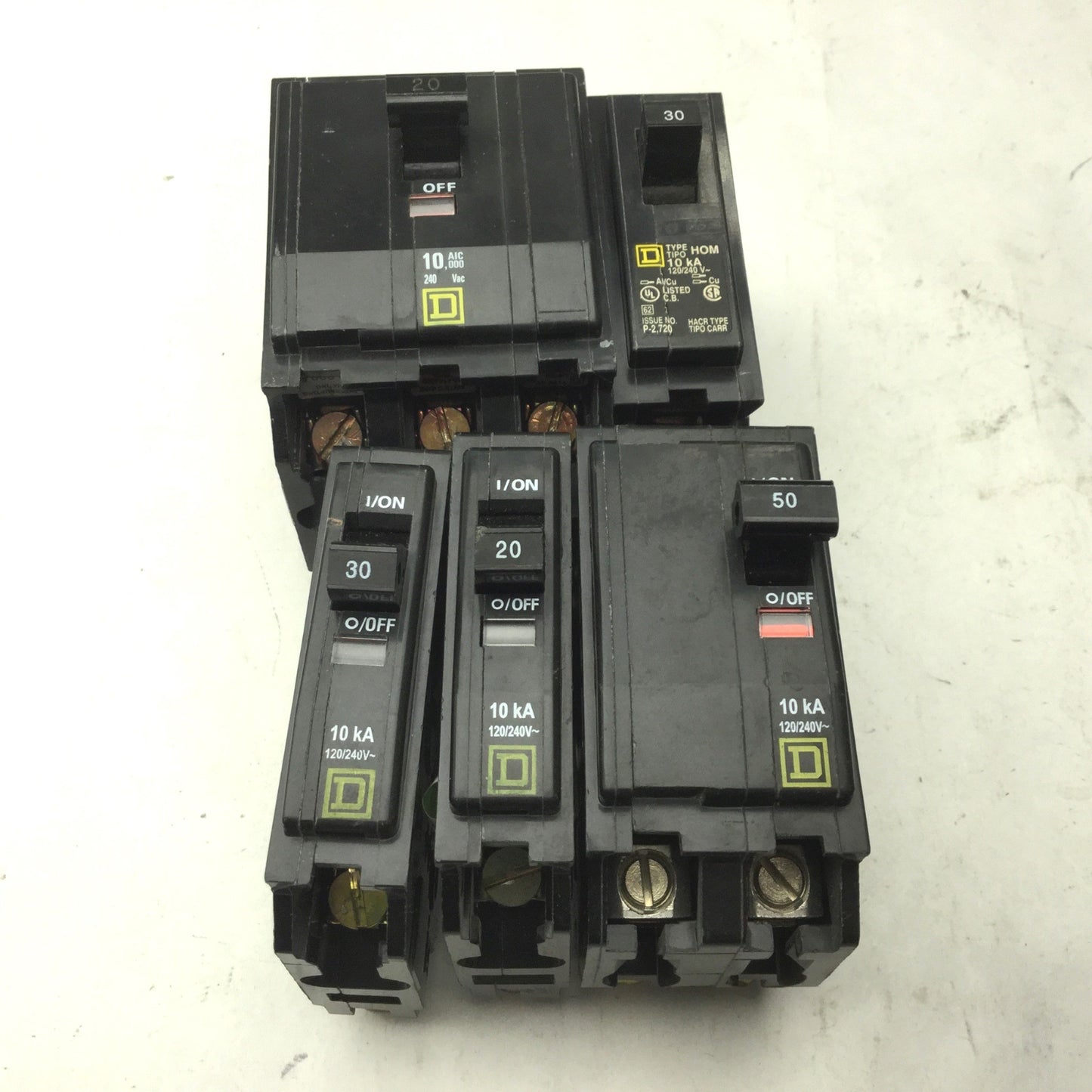 Used Lot Of 5 Assorted Square D Circuit Breakers 3x Single Pole, 1x 2-Pole, 1x 3-Pole