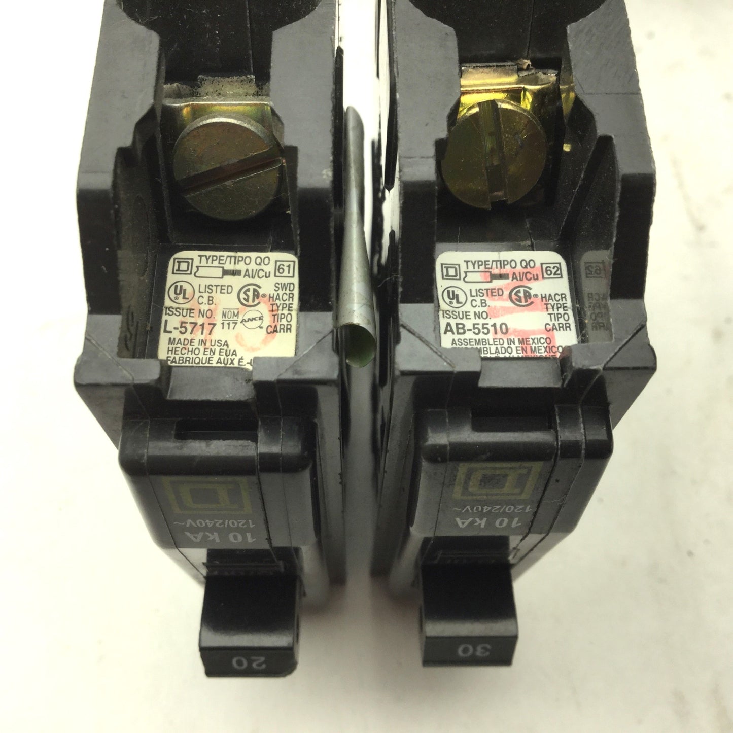 Used Lot Of 5 Assorted Square D Circuit Breakers 3x Single Pole, 1x 2-Pole, 1x 3-Pole