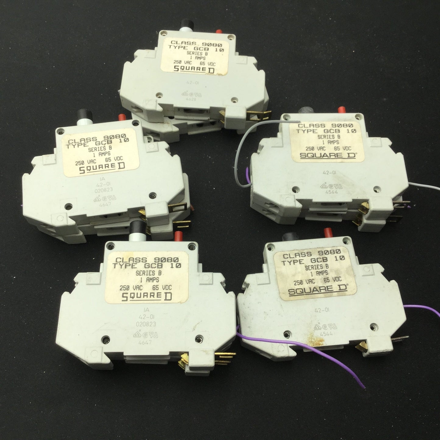 Used Lot of 9 Square D GCB10 Circuit Breakers, Series B, Rating: 1A 250VAC 65VDC
