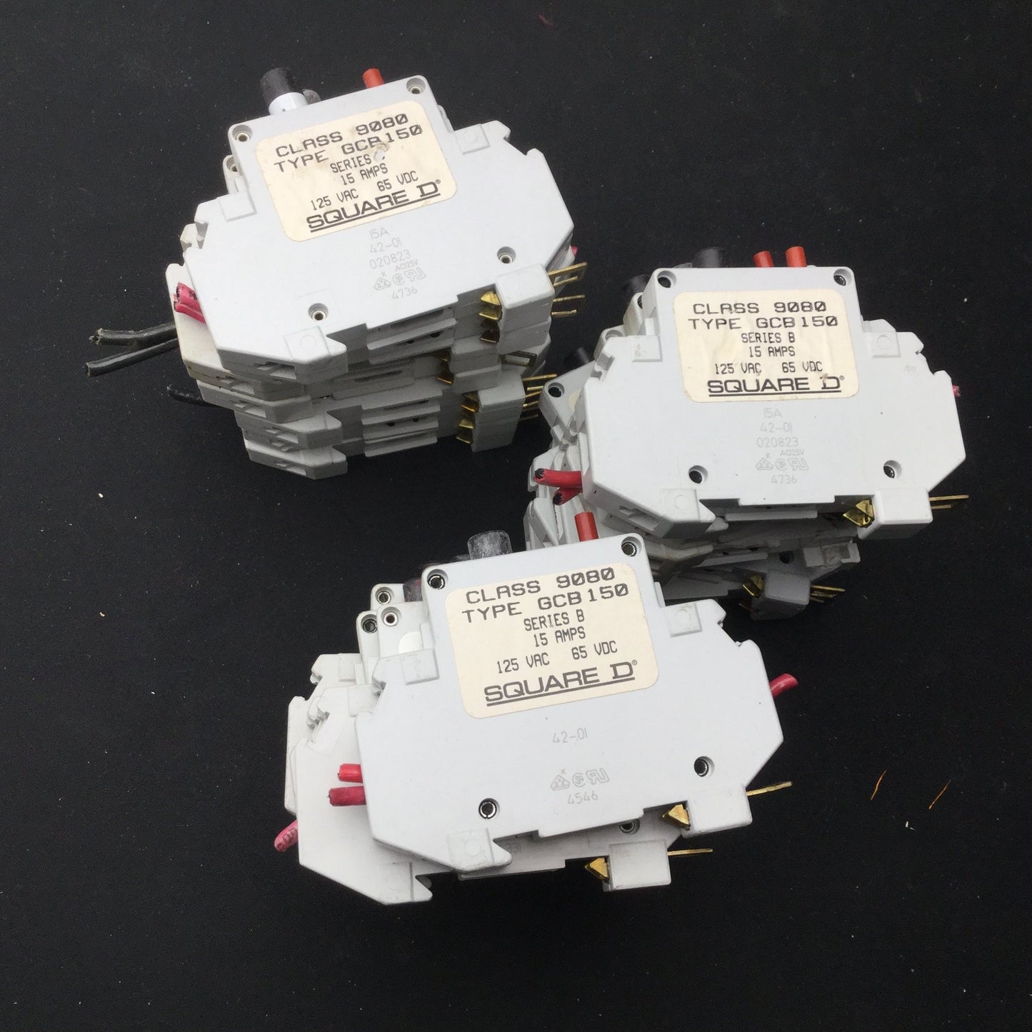 Used Lot of 21 Square D GCB150 Circuit Breakers, Ser B, Voltage: 125VAC, 65VDC, 15A