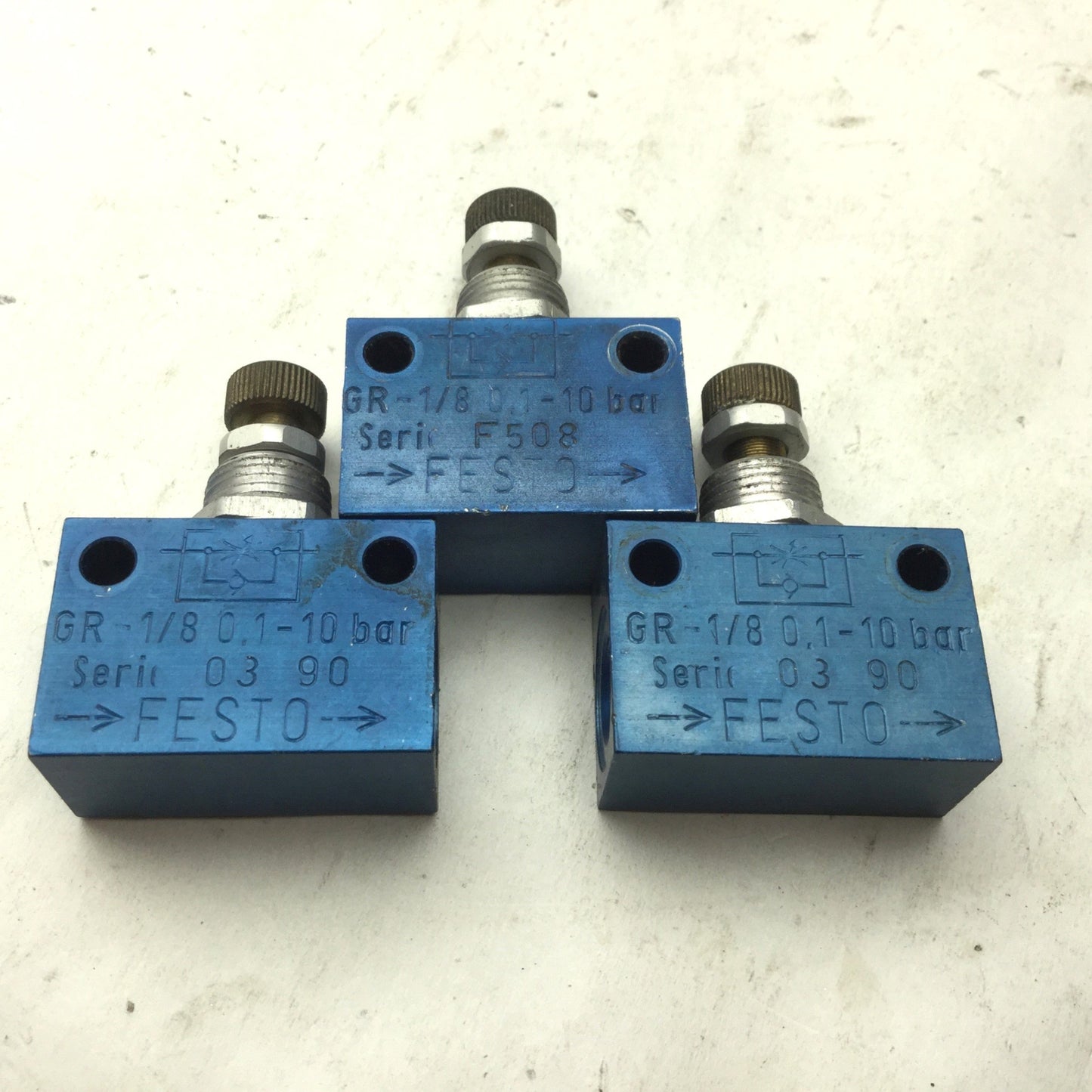 Used Lot of 3 Festo GR-1/8 Flow Control Valve, Inline, 0.1-10 bar, Port: G1/8