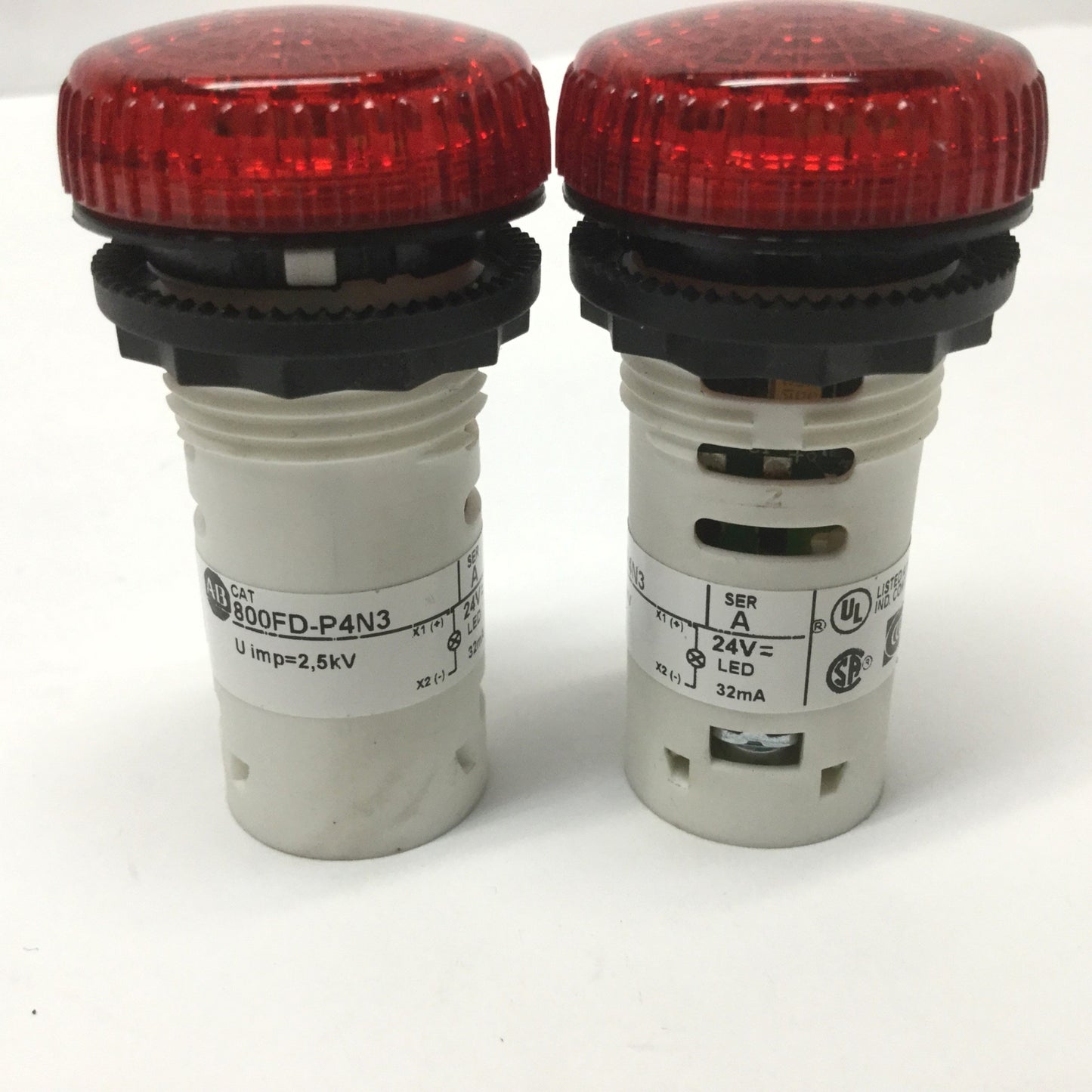 Used Lot of 2 Allen Bradley 800FD-P4N3 Red LED Pilot Indicator Light 24V AC/DC, 22mm