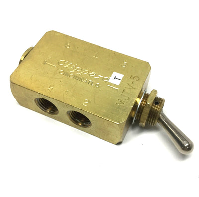 Used Clippard MJTV-5 Brass Toggle Switch Control Valve, 4-Way, 150psi, 1/8" NPT Ports