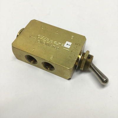 Used Clippard MJTV-5 Brass Toggle Switch Control Valve, 4-Way, 150psi, 1/8" NPT Ports