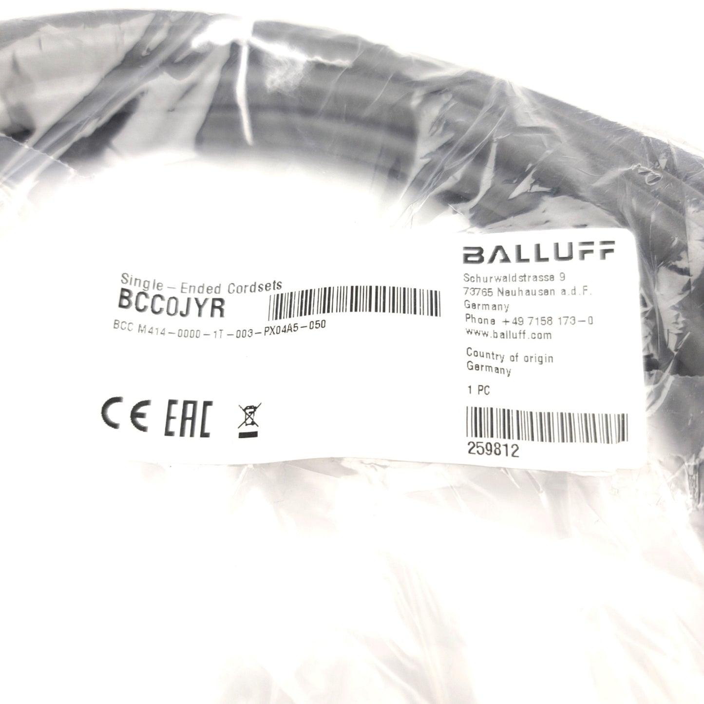New – Open box Balluff BCC0JYR BCC M414-0000-1T-003-PX04A5-050 Single-Ended Cordset M12, 5m