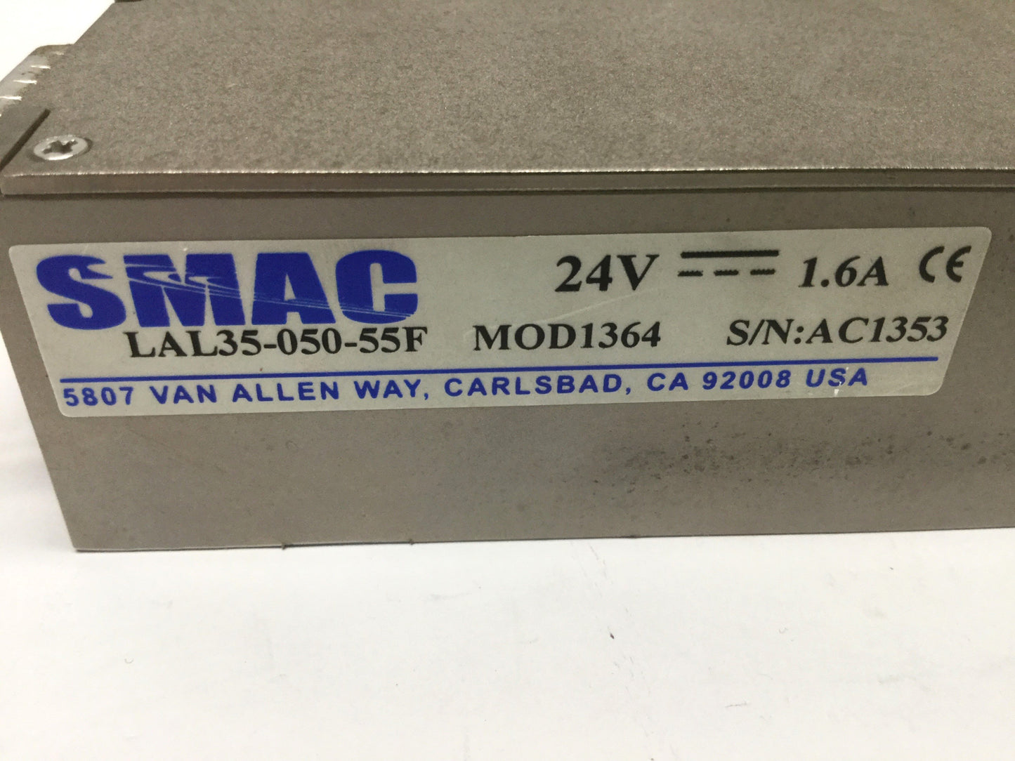 Used SMAC LAL35-050-55F MOD1364 Linear Actuator 24VDC, 50mm Stroke, 10N Peak, 5µm