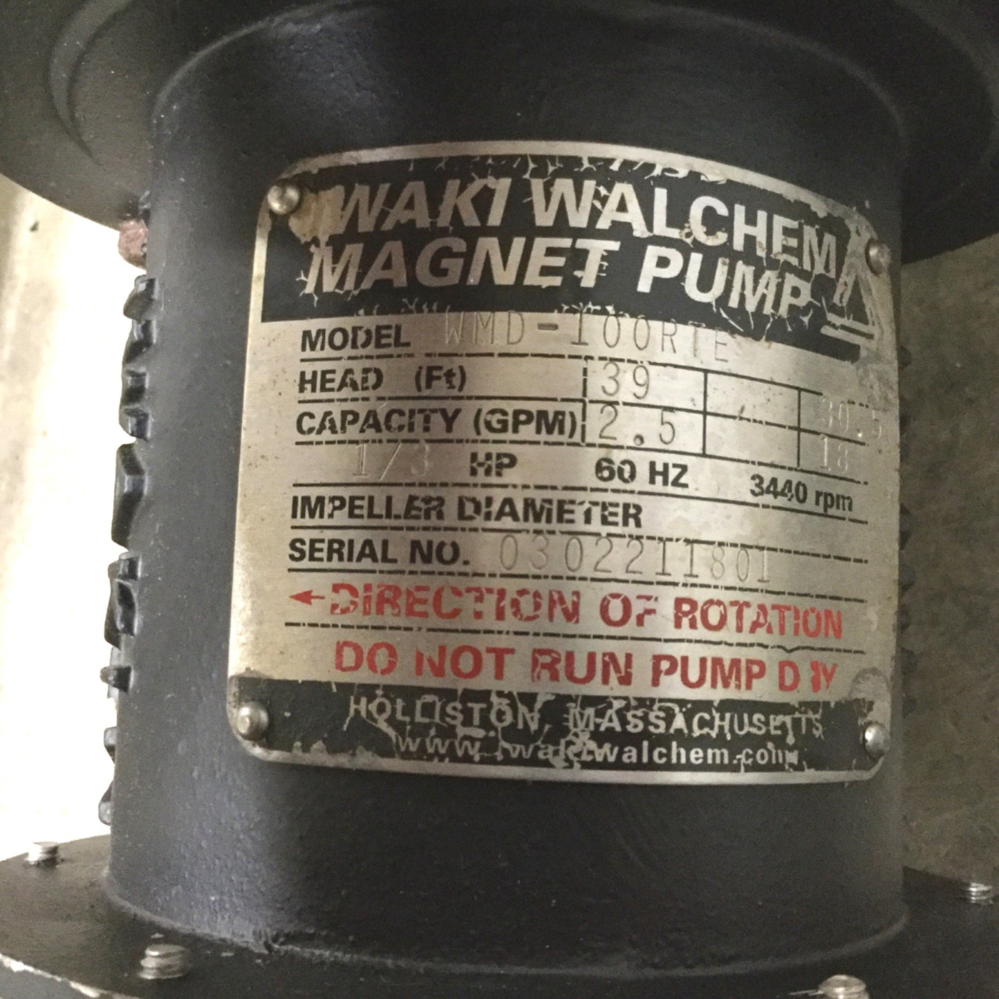 Used Iwaki WMD-100RTE Magnetic Drive Pump, 1" NPT, With Marathon AVA56T34F5301J Motor