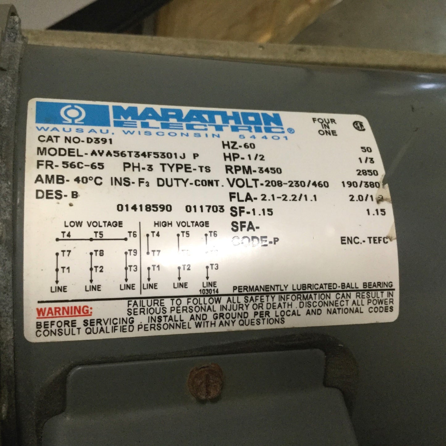 Used Iwaki WMD-100RTE Magnetic Drive Pump, 1" NPT, With Marathon AVA56T34F5301J Motor