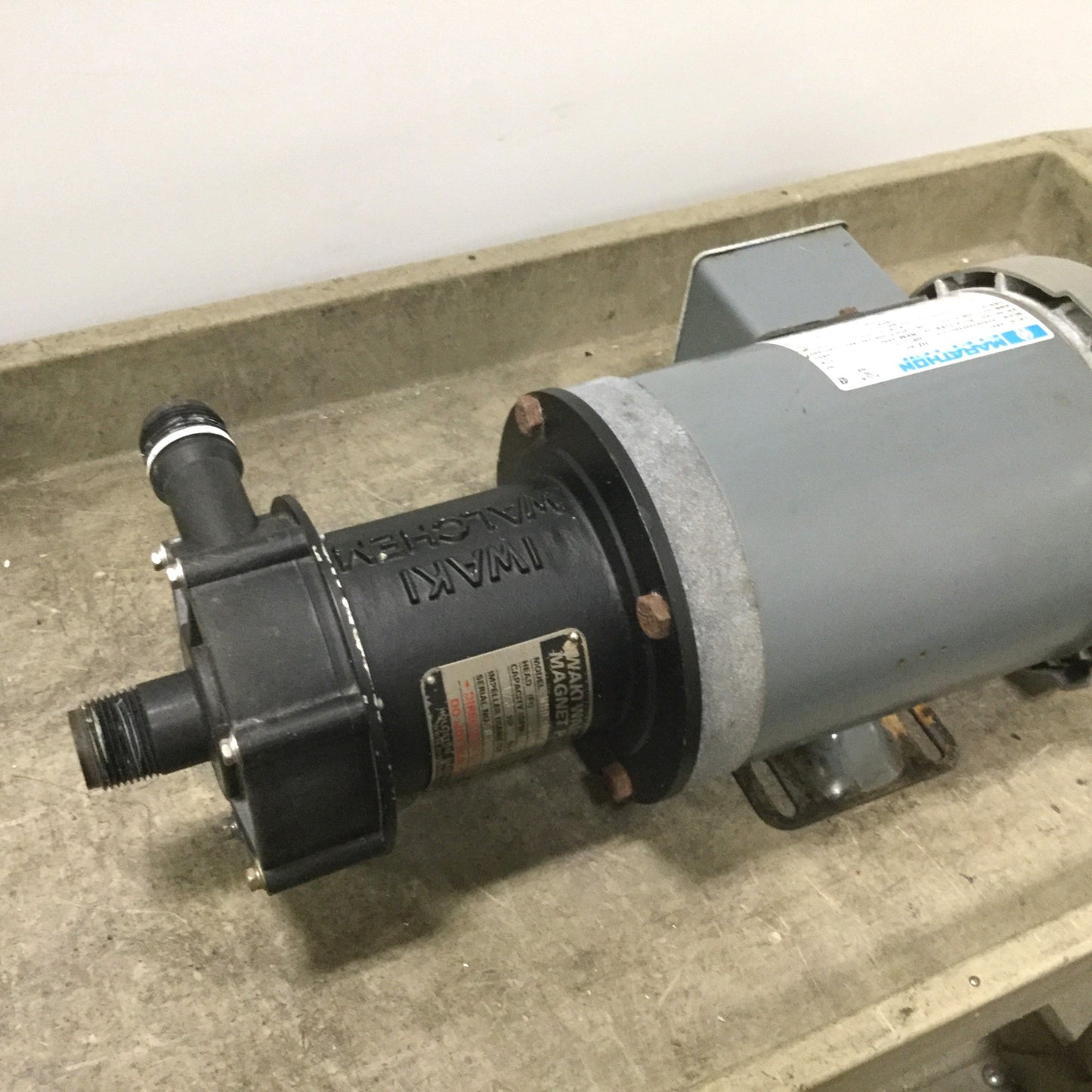 Used Iwaki WMD-100RTE Magnetic Drive Pump, 1" NPT, With Marathon AVA56T34F5301J Motor