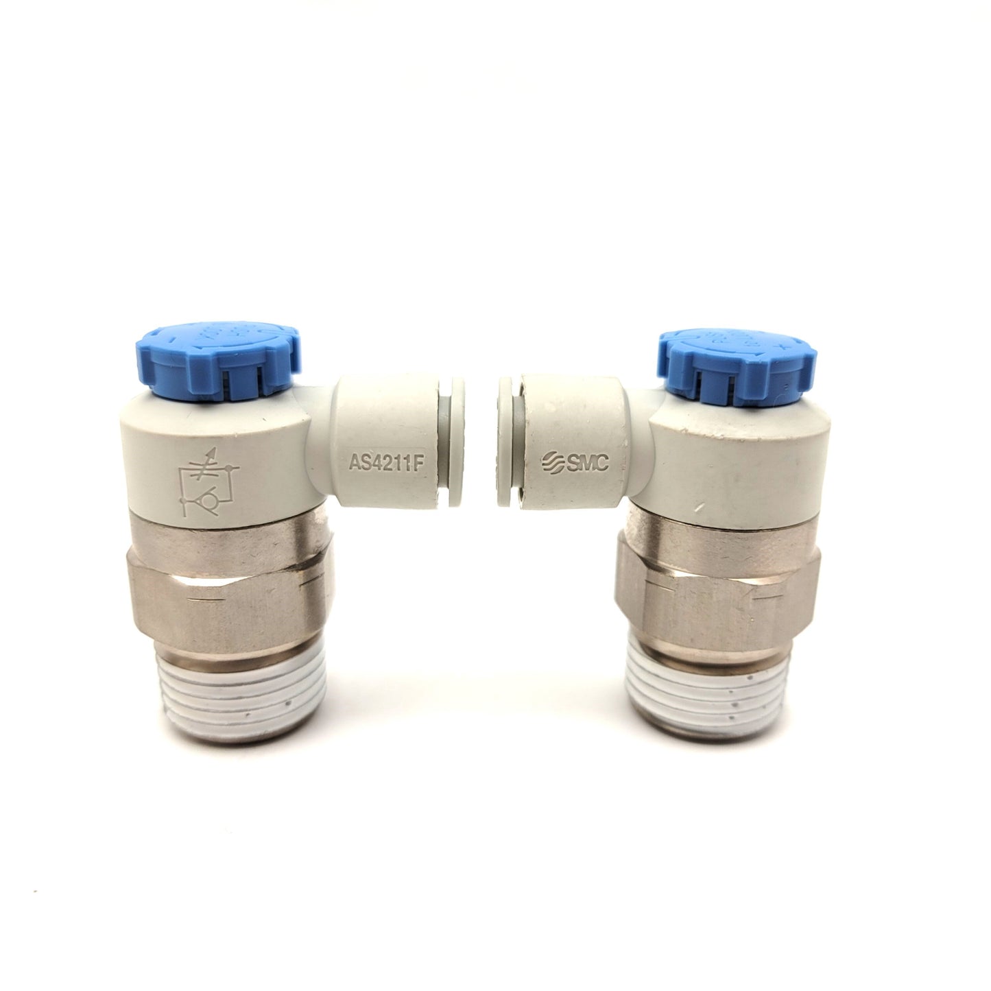 New – Open box Lot Of 2 SMC AS4211F Pnuematic Flow Control Valves R1/2", 10mm, 1MPa To 0.1MPa