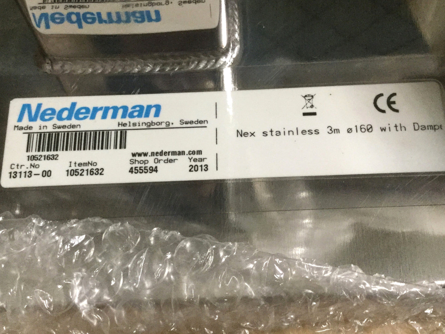 New – Open box Nederman NEX S Fume/Dust Extraction Arm Ø160mm Hose, Stainless w/Hood Damper, 3m