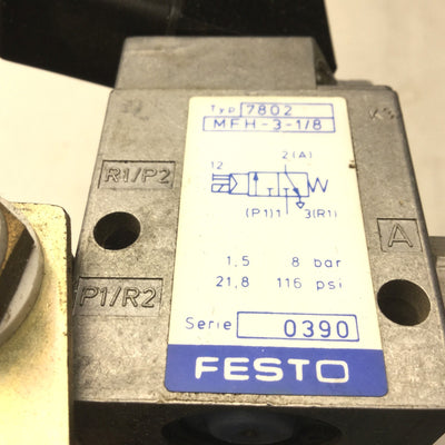 Used Bank of 2 Festo MFH-3-1/8 Pneumatic Solenoid Valve R00-01-000 Pressure Regulator
