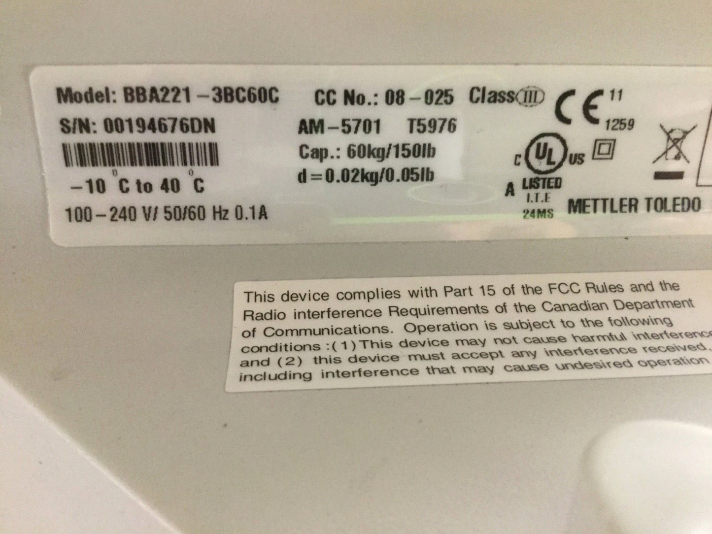 Used Mettler Toledo BBA221-3BC60C Bench Platform Scale, 60kg Capacity, 110/240VAC