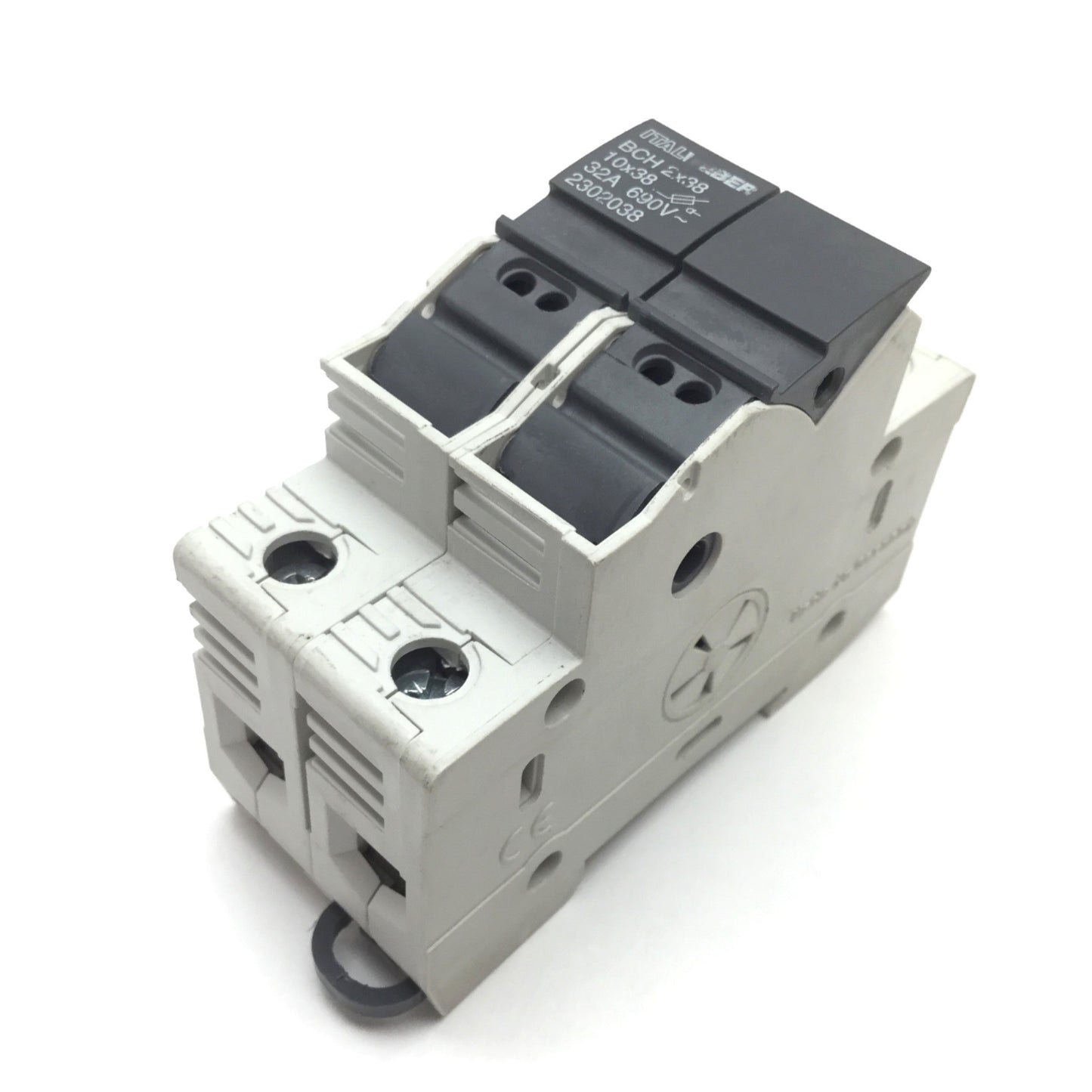 Used ItalWeber BCH2x38 Fuse Holder, 2-Pole, 10x38, Rating: 32A 690VAC, DIN Rail
